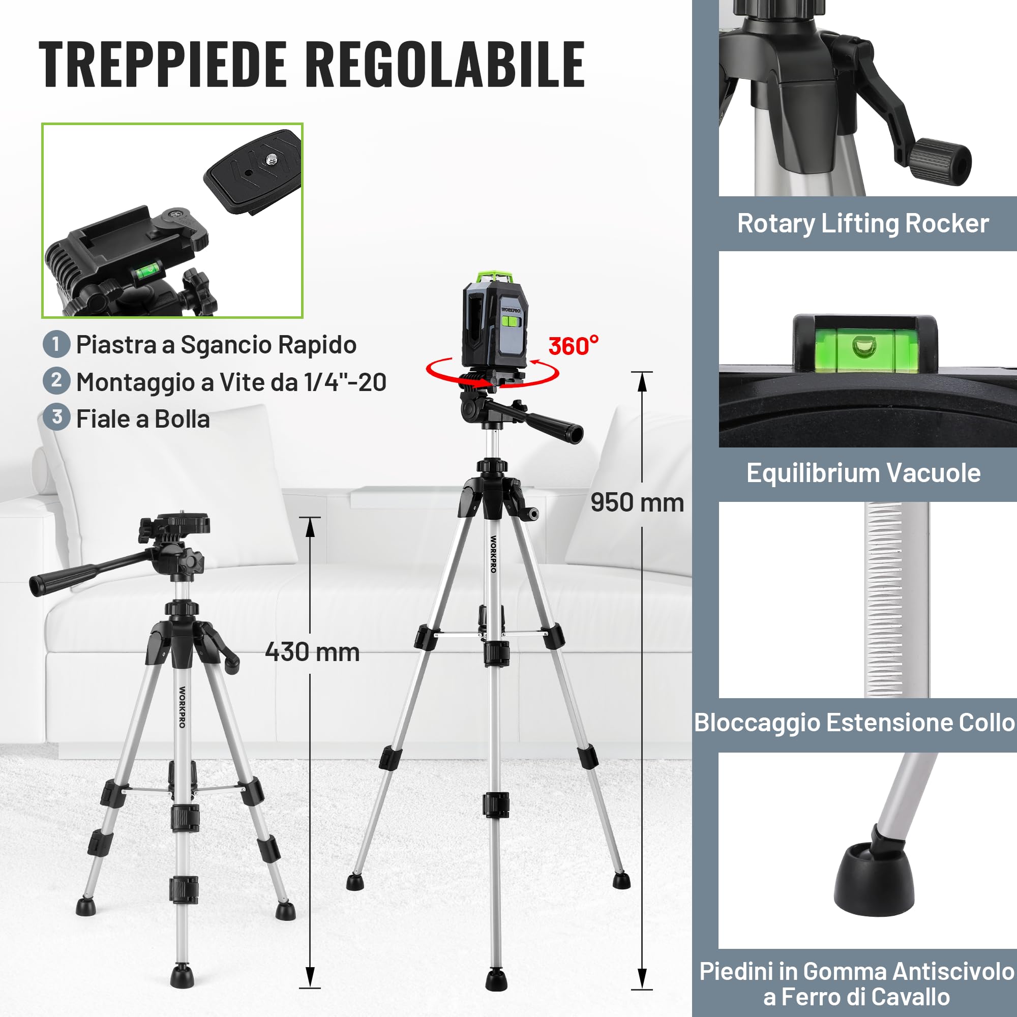 WORKPRO livella laser autolivellante 360°Con treppiede, 30M livello laser con linee verdi orizzontali a 360° e vertical, Piastra obiettivo, occhiali verdi per la costruzione di piastrelle a soffitto