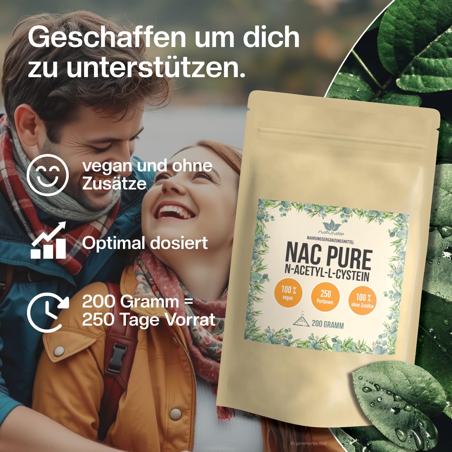 naturalie® | Poudre N-acétyl-L-cystéine (NAC) | 200 g dans un sac bio | Fermentation de maïs de haute pureté | 100 % poudre de NAC sans additifs | Végétalien