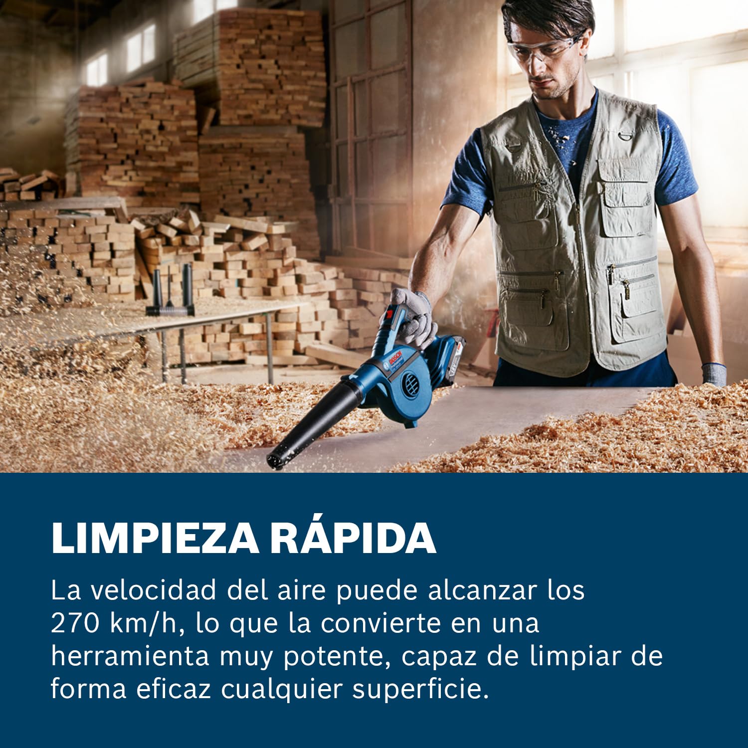 Bosch Professional 18V System soplador a batería GBL 18V-120 (Incl. 4 adaptadores, Boquilla estándar, Tubo prolongación, Boquilla de Profundidad, depósito de Recogida de Polvo, sin batería/Cargador)