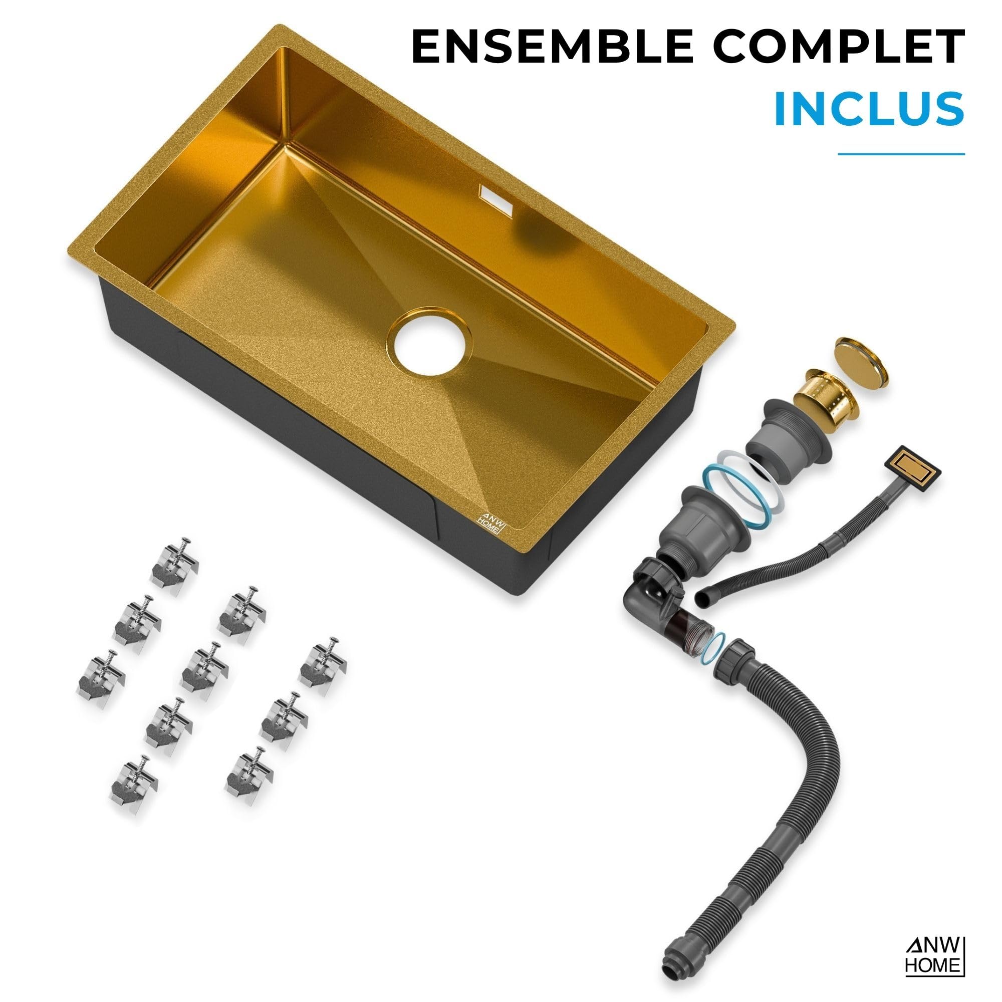 ANW HOME Evier Cuisine 1 Bac 74x44 cm, Or PVD | Encastré/Sous Plan, Revêtement Nano, Épaisseur 3,0+1 mm, Profondeur 22 cm, Avec Siphon