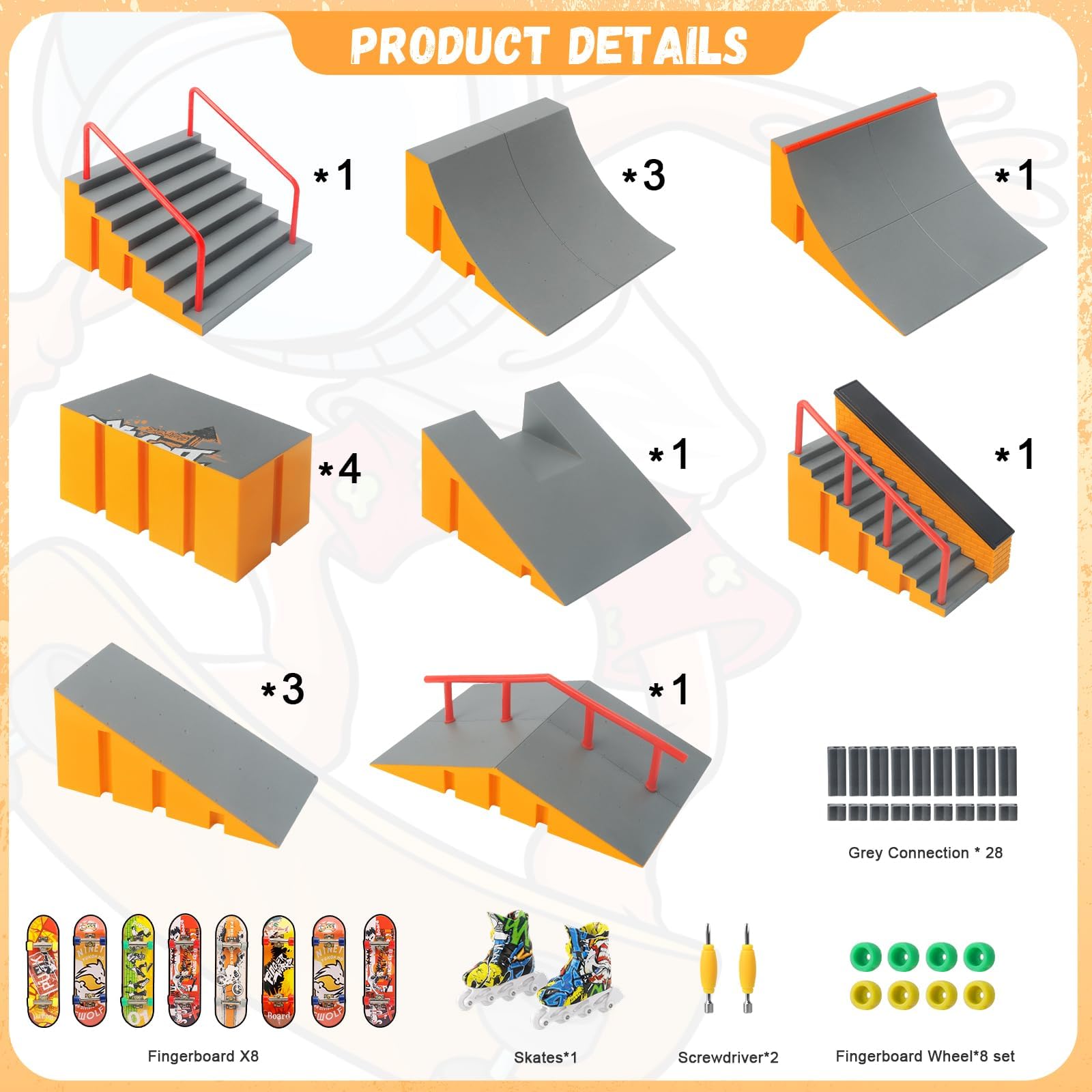 Tlater Finger Skateboard Park Kit Mini Finger Skateboard Rampa Kit DIY Montaje Diapasón Patineta Parque para Niños Regalo de Cumpleaños Amarillo 14 - en 1