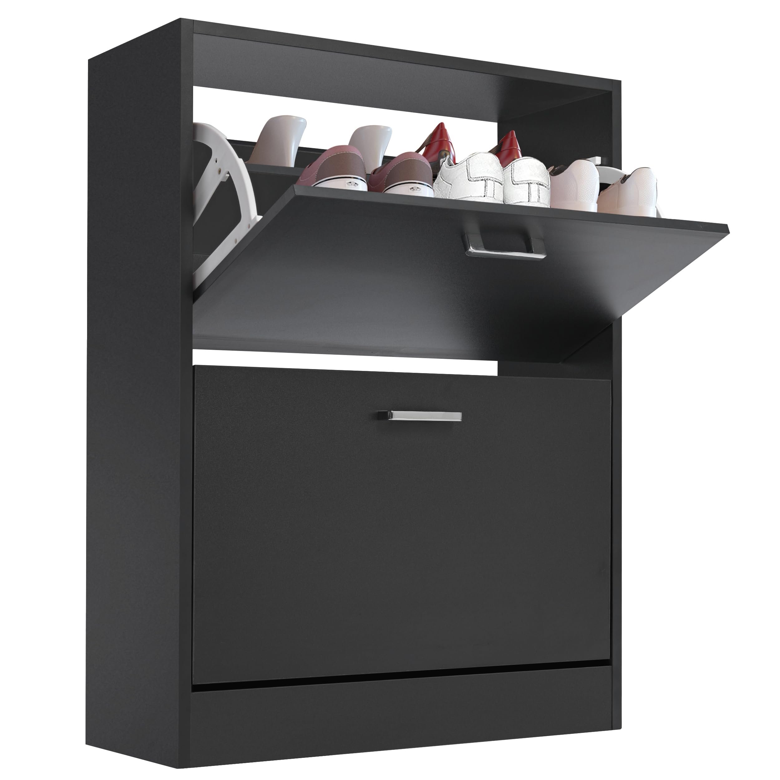 Blisswood 2 Drawer Shoe Cabinet, Wooden Shoe Storage Organiser Cupboard Unit Hallway Furniture, freestanding Entryway 2 tier Modern Shoes Rack Cabinet Footwear Stand for Shoes (Black)