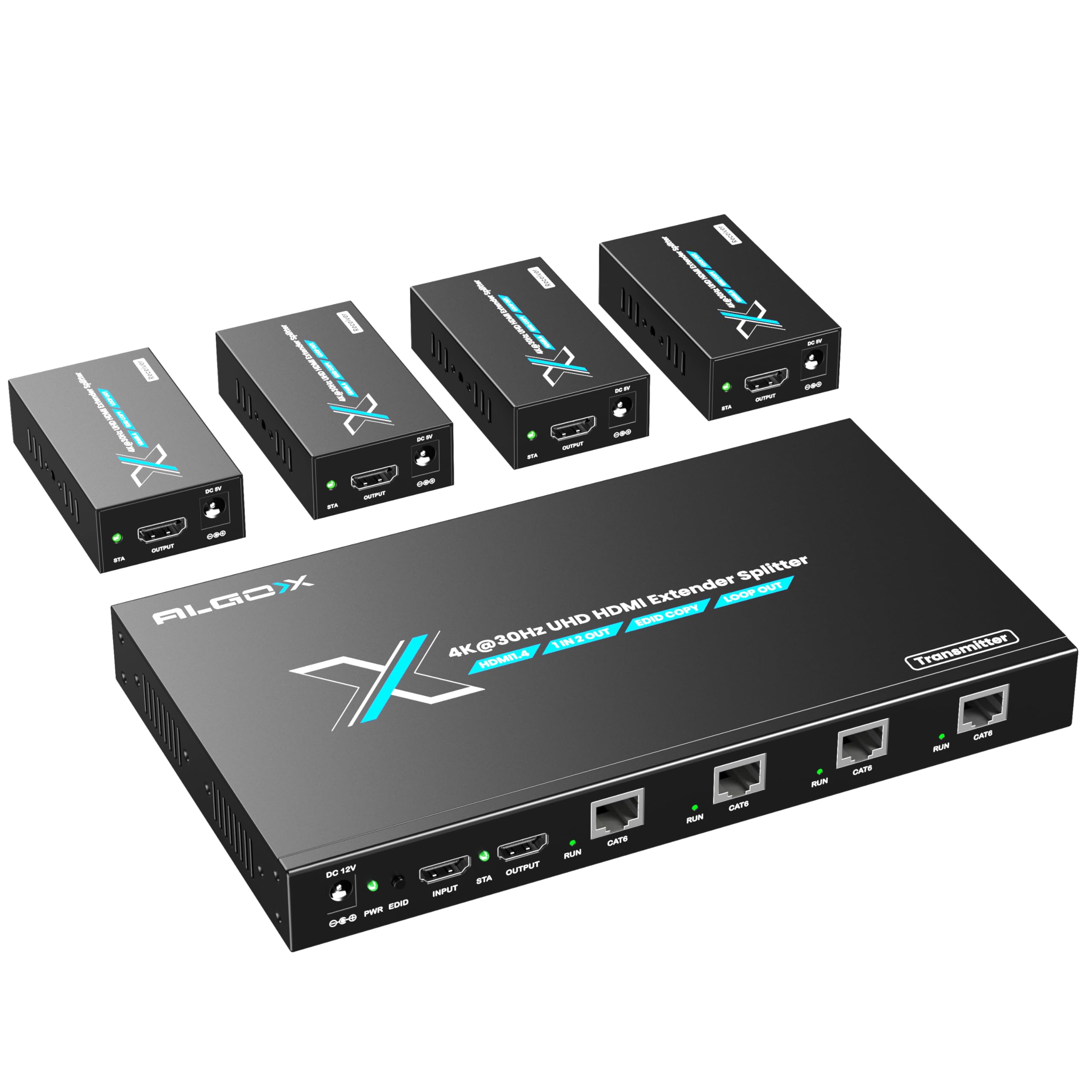 ALGOX 328ft/100m 4K@30Hz HDMI Extender Splitter 1x4 Over CAT6/6e/7(T-568B) Supports Loop Out, EDID Copy, HDR10, Dolby Vision, 3D Video, Plug and Play, Easy to Install (1 in 4 Out)