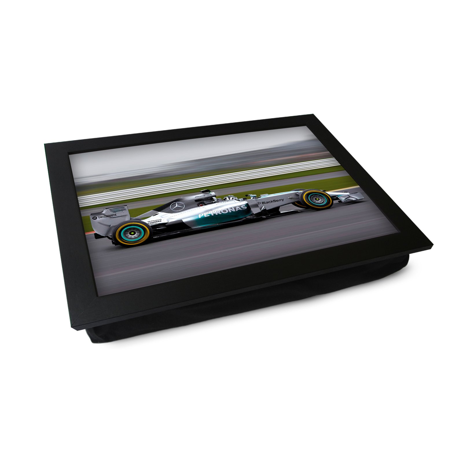 Yoosh Black Extra Large Portable Lap Desk Tray (Mercedes F1 Car) Wide Multi Purpose | Handmade Large Wooden Frame, Big Beanbag Cushion Bottom | Computers, Laptops, Meals, Food | 49.8Cm | Xl55