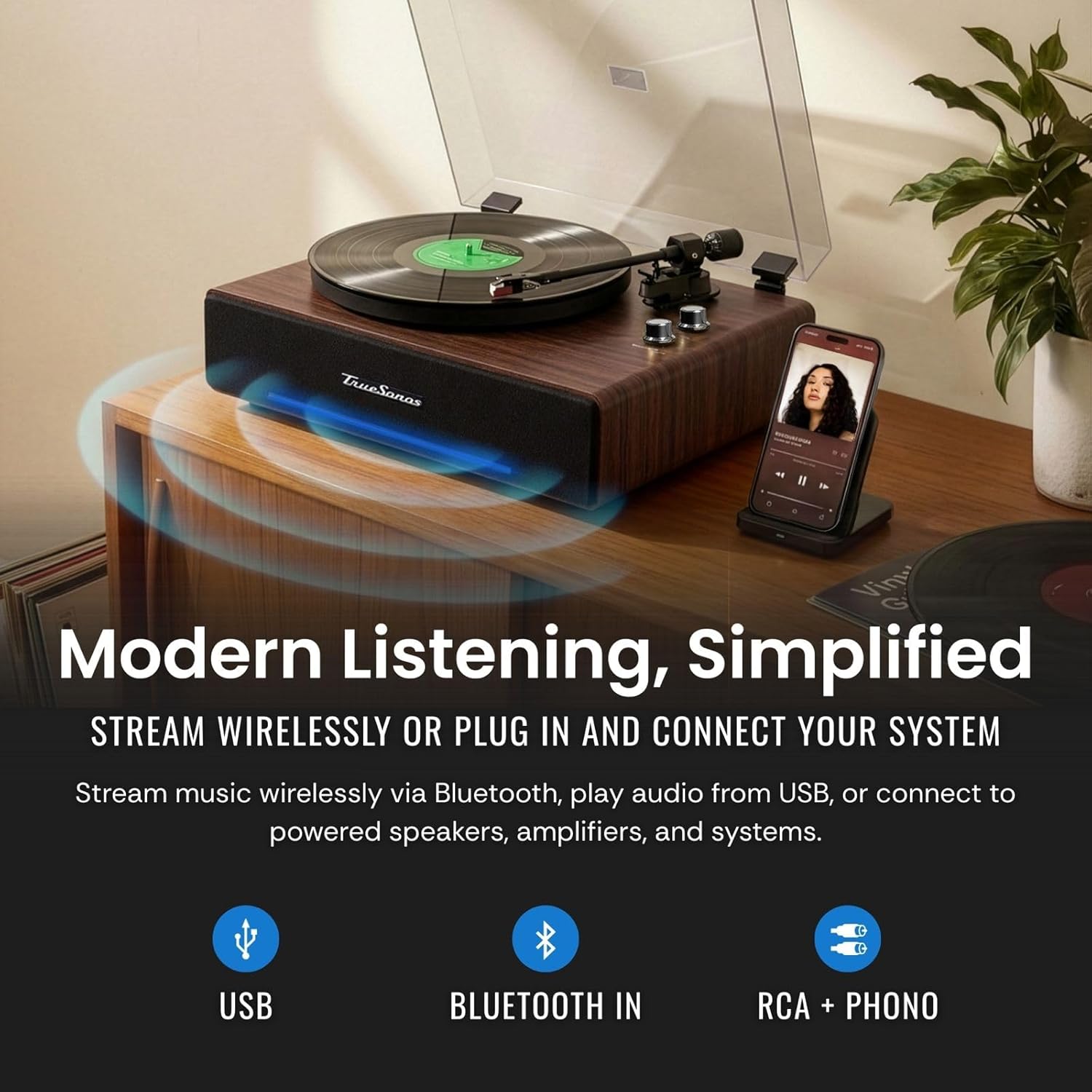 Hi-Fi Record Player with Speakers | Premium Vinyl Turntable with Bluetooth Capability | Built-in 4-Speaker Stereo System for Music Fans, Walnut Veneer + Black Trim