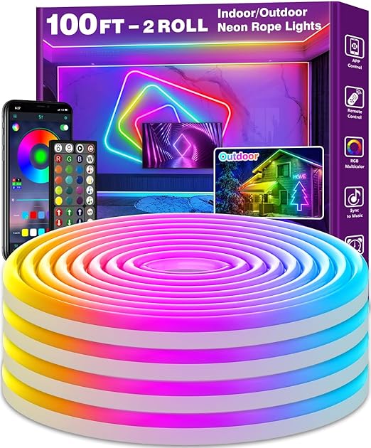 AILBTON 100FT Led Neon Rope Lights Control with App/Remote,Flexible Led Rope Light,Multiple Modes,IP65 Outdoor RGB Lights Waterproof,Music Sync Gaming Led Neon Strip Light for Bedroom Decor