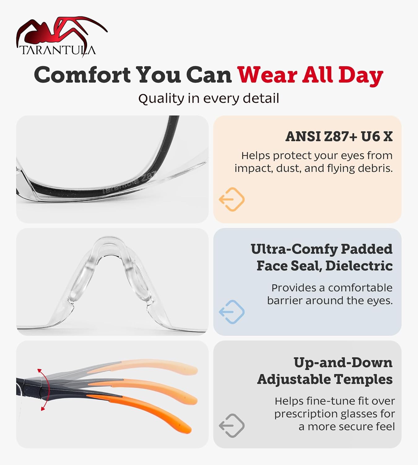 Tarantula ANSI Z87+ Safety Glasses Over Eyeglasses for Men & Women, Anti-Scratch Lenses, Side Shields, Adjustable Anti-Slip Temples, UV Protective Eyewear - Image 4