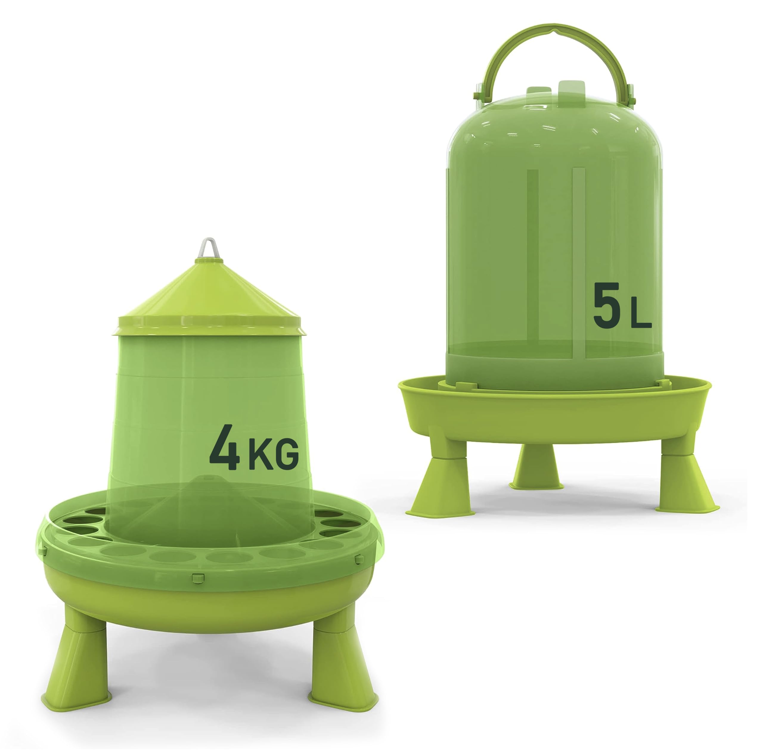 Comedero para gallinas de 4 kg y bebedero para gallinas de 5 l, de plástico transparente resistente, patas extraíbles