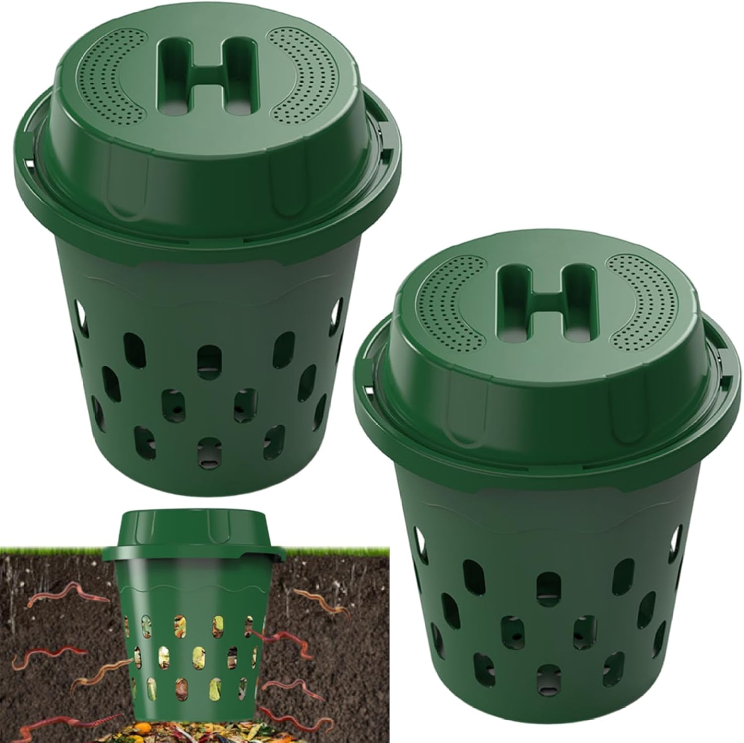Worm Compost Bin, 2-Pack Vermicomposting Bin with Aerating Holes for Efficient Outdoor & Indoor Composting, Green Plastic Garden Composter