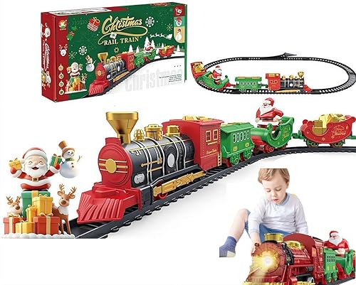 Juego de tren de Navidad, bajo el árbol de Navidad, trenes de juguete con luz y sonidos, juguetes de tren eléctrico clásico para árbol de aldea de