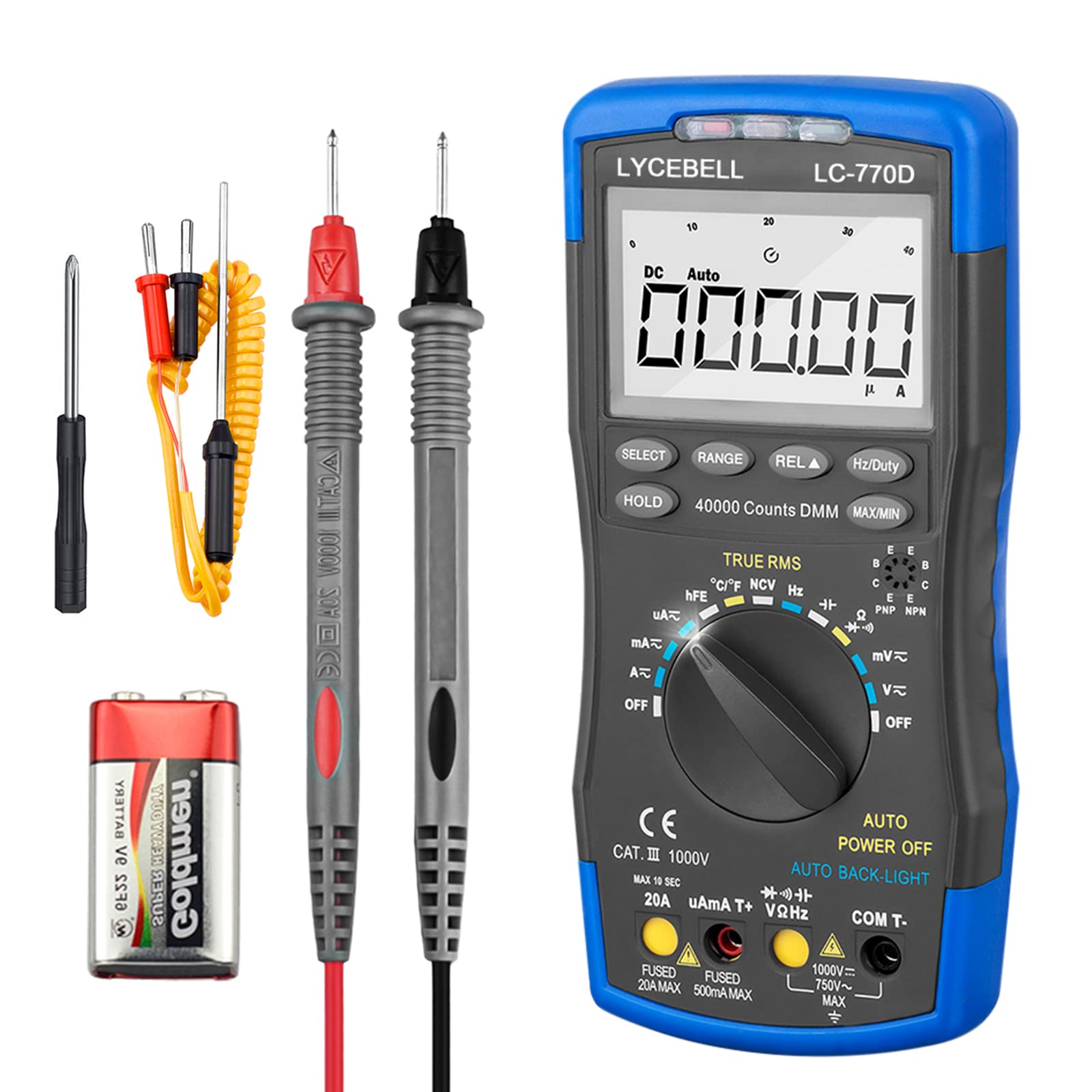 Digital Multimeter LC-770D TRMS 40000 Counts, Voltage Tester Ammeter for Measures AC/DC Voltage Current Resistance Capacitance Frequency Auto Ranging Diodes hFE NCV with Multimeter Leads