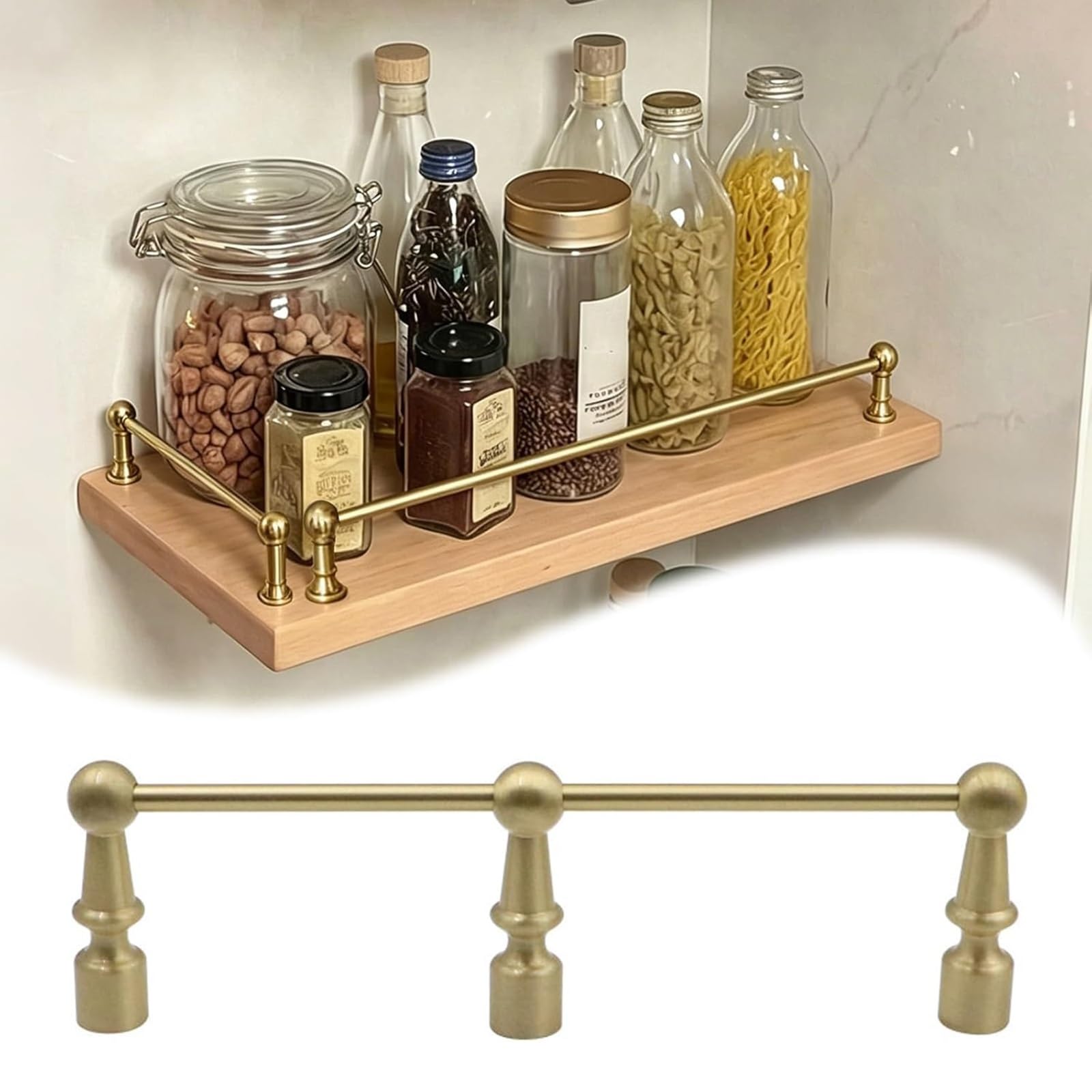 Zaqycm One Color Decorative Tipping Shelf Rails For Wood Shelves, Brass Storage Rack Front Fence Guardrails For Floating Wall Shelf/Bookcase/Sideboard/Office, Drilling(Long 52In/132Cm)