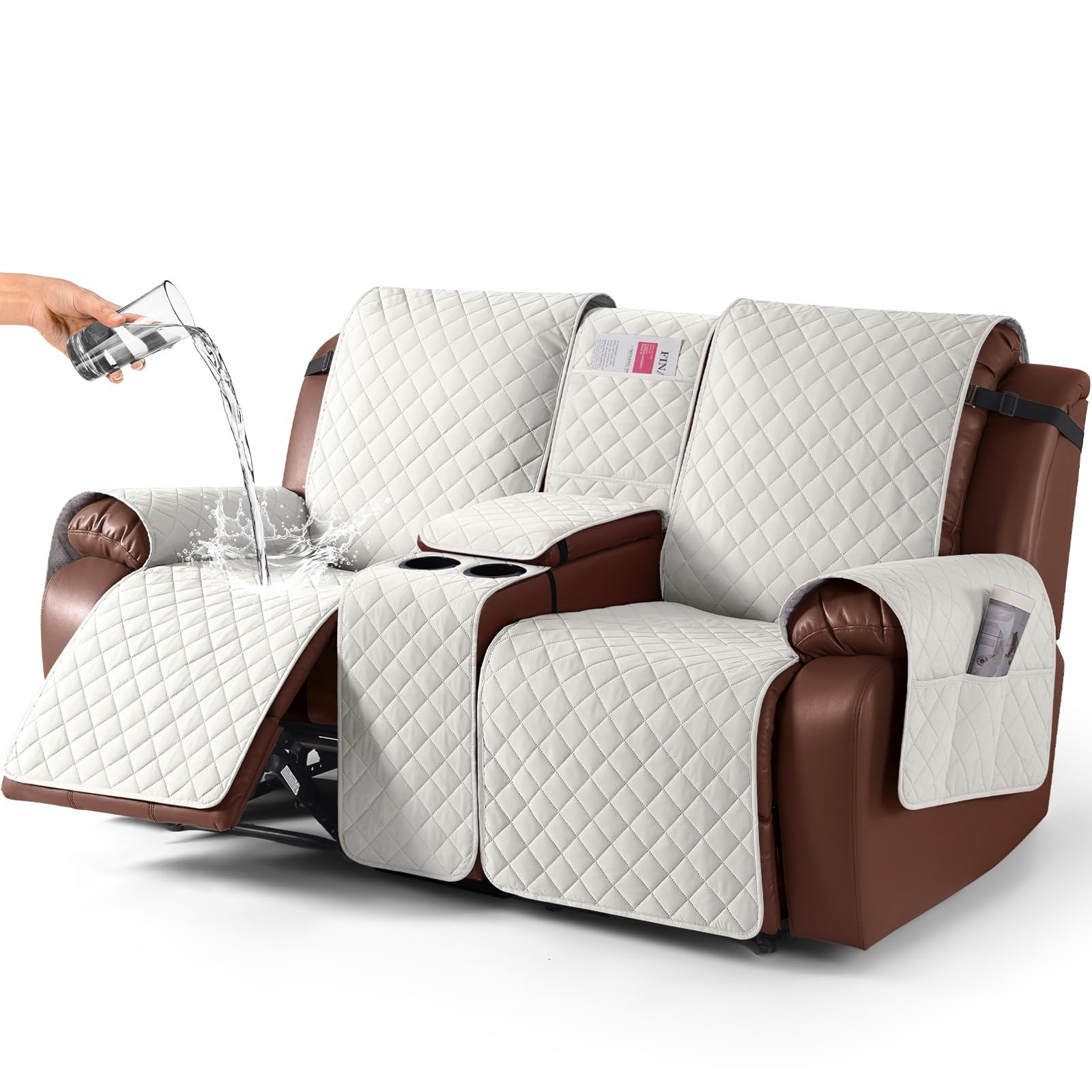 KinCam100% Waterproof Loveseat Recliner Cover with Console, Non-Slip Recliner Couch Covers for 2 Seat, Reclining Sofa Cover Furniture Protector with Elastic Straps for Kids, Pets, Beige-image-13