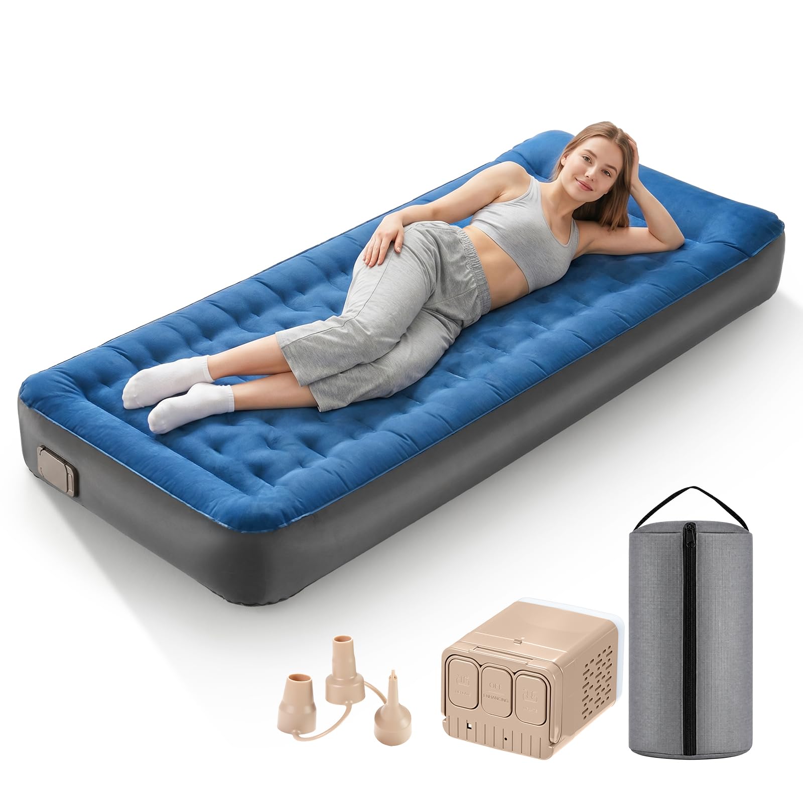 Einzel-Luftmatratze , Camping Isomatte Schnellaufblasend mit abnehmbarer Pumpe & integriertem Kissen, TPU Luftbett Auslaufsicher & Kompakt Gästebett für Zuhause, Camping & Reisen, bis 300kg Belastbar