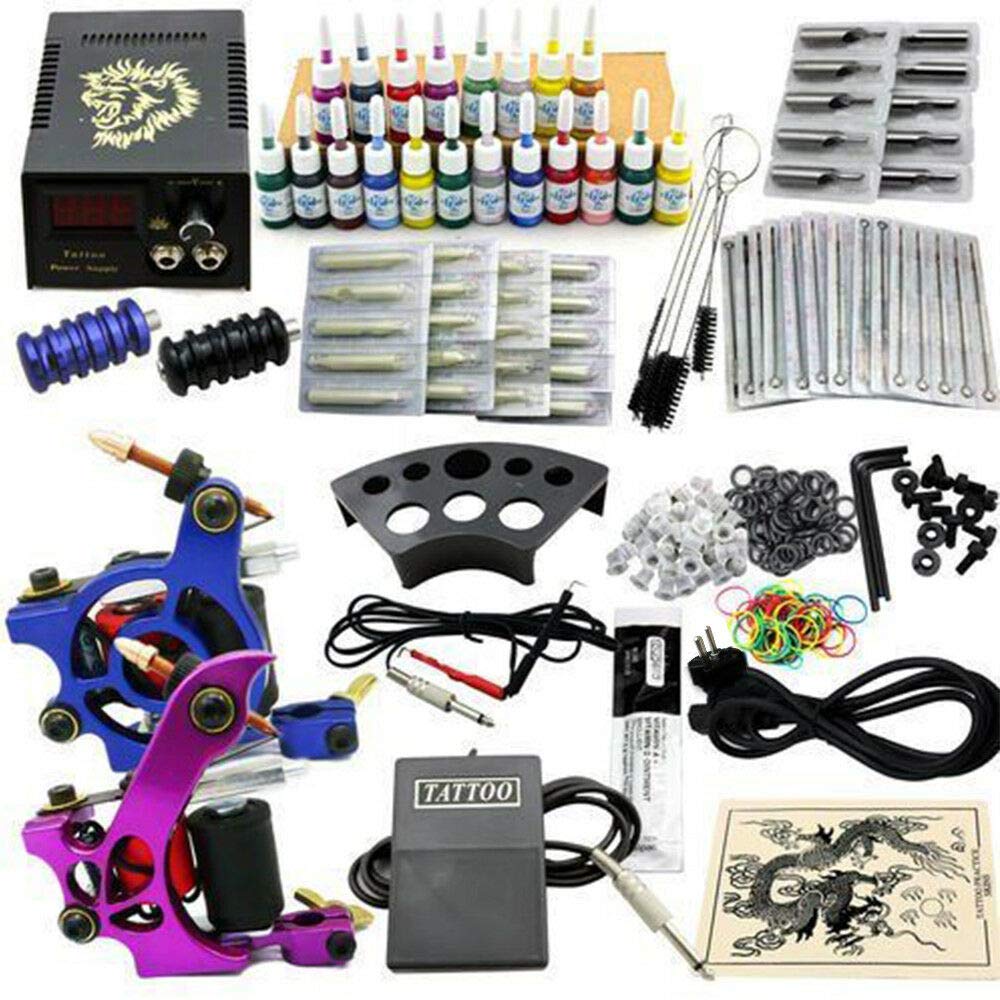 Tattoo - Kit de tatuaje completo, 2 máquinas de tatuaje, 20 colores de tinta, 50 agujas