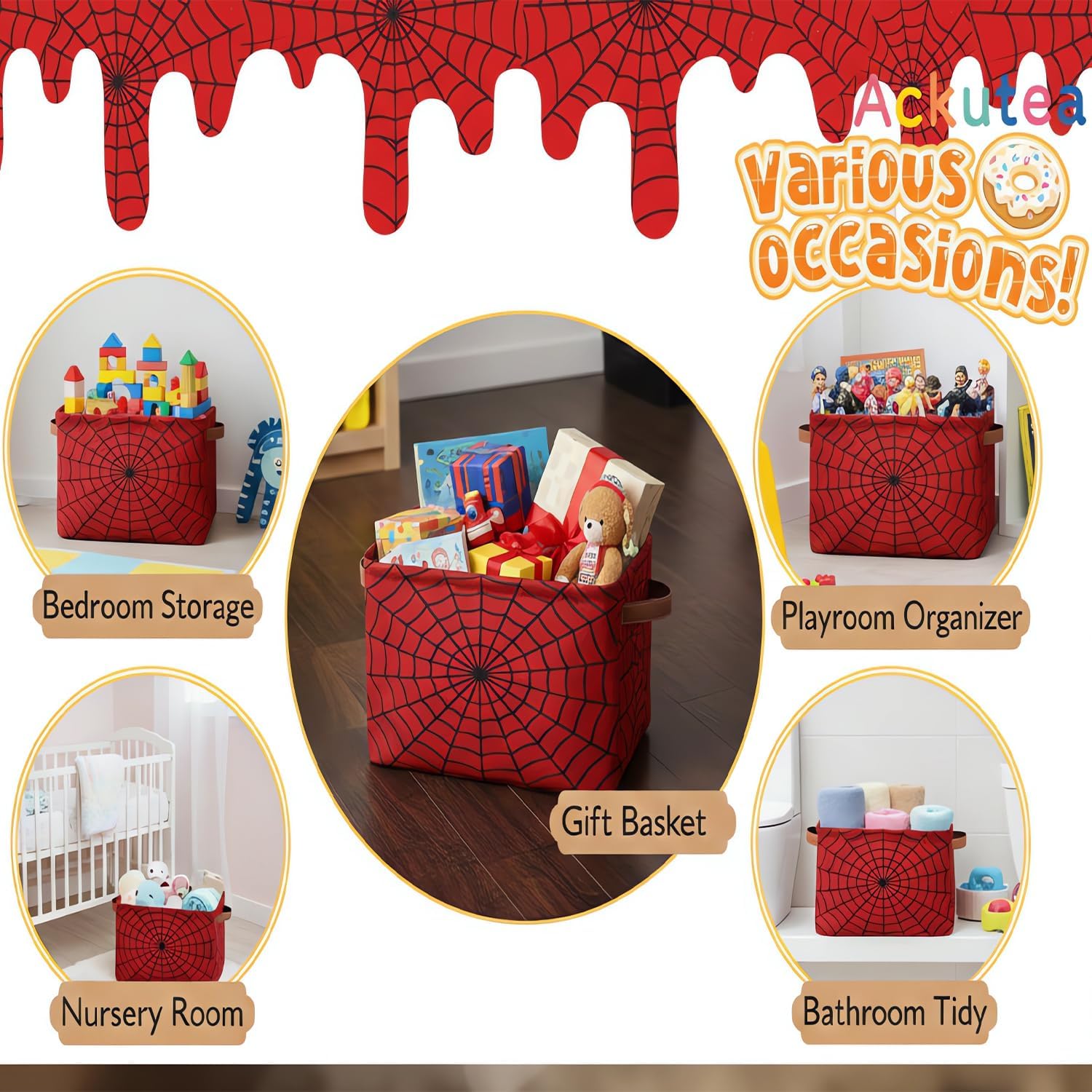 Storage Bins Red Spider Web Large Collapsible Rectangle Shelf Closet Organizer Baskets for Kids Toys, Dirty Clothes, Bedroom, Bathroom, Nursery Decor, Gift Basket