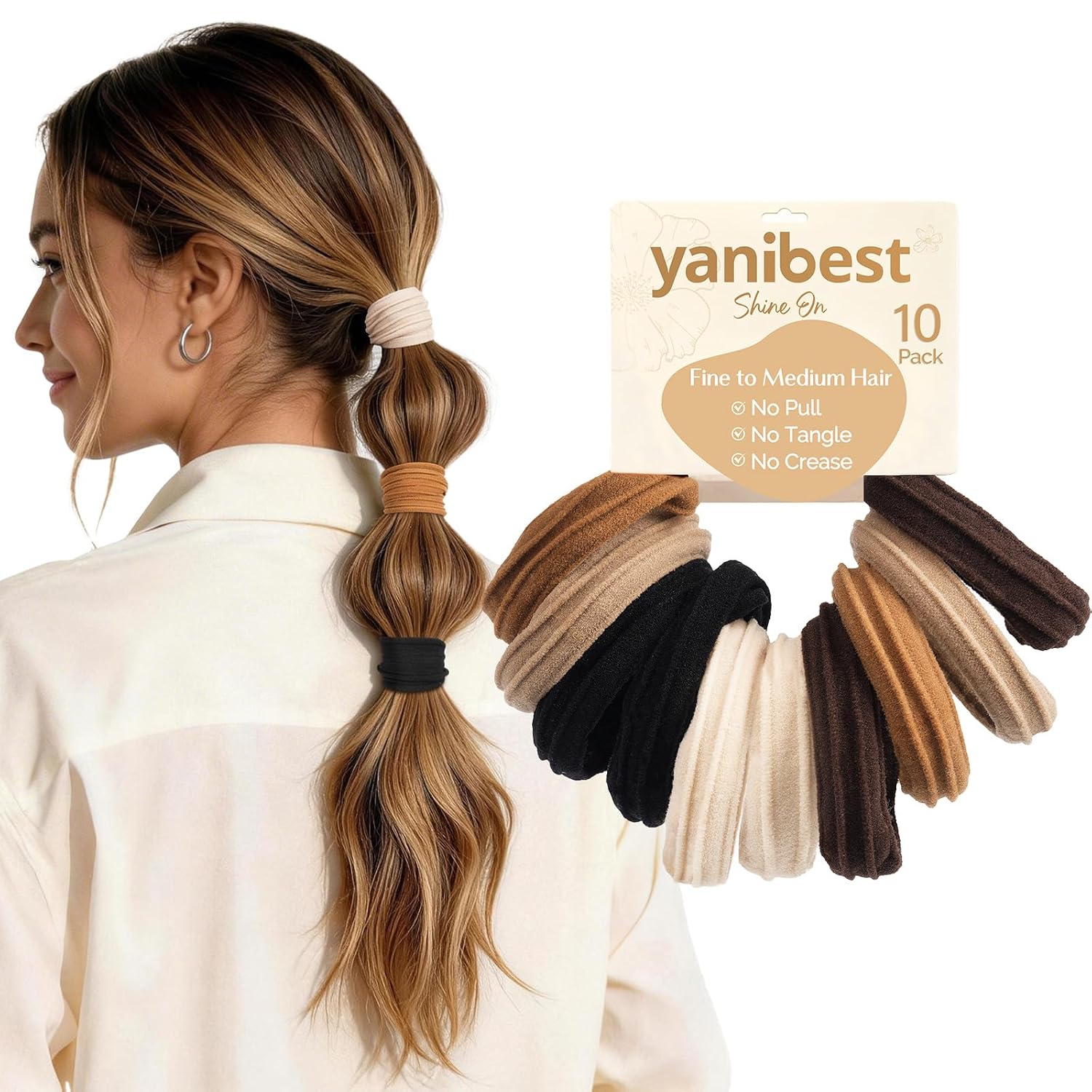 Yanibest Soft Hair Ties No Damage, Seamless Nylon Hair Elastics & Ties, Gentle Hold Ponytail Holders for Thin Medium, 10 Pack