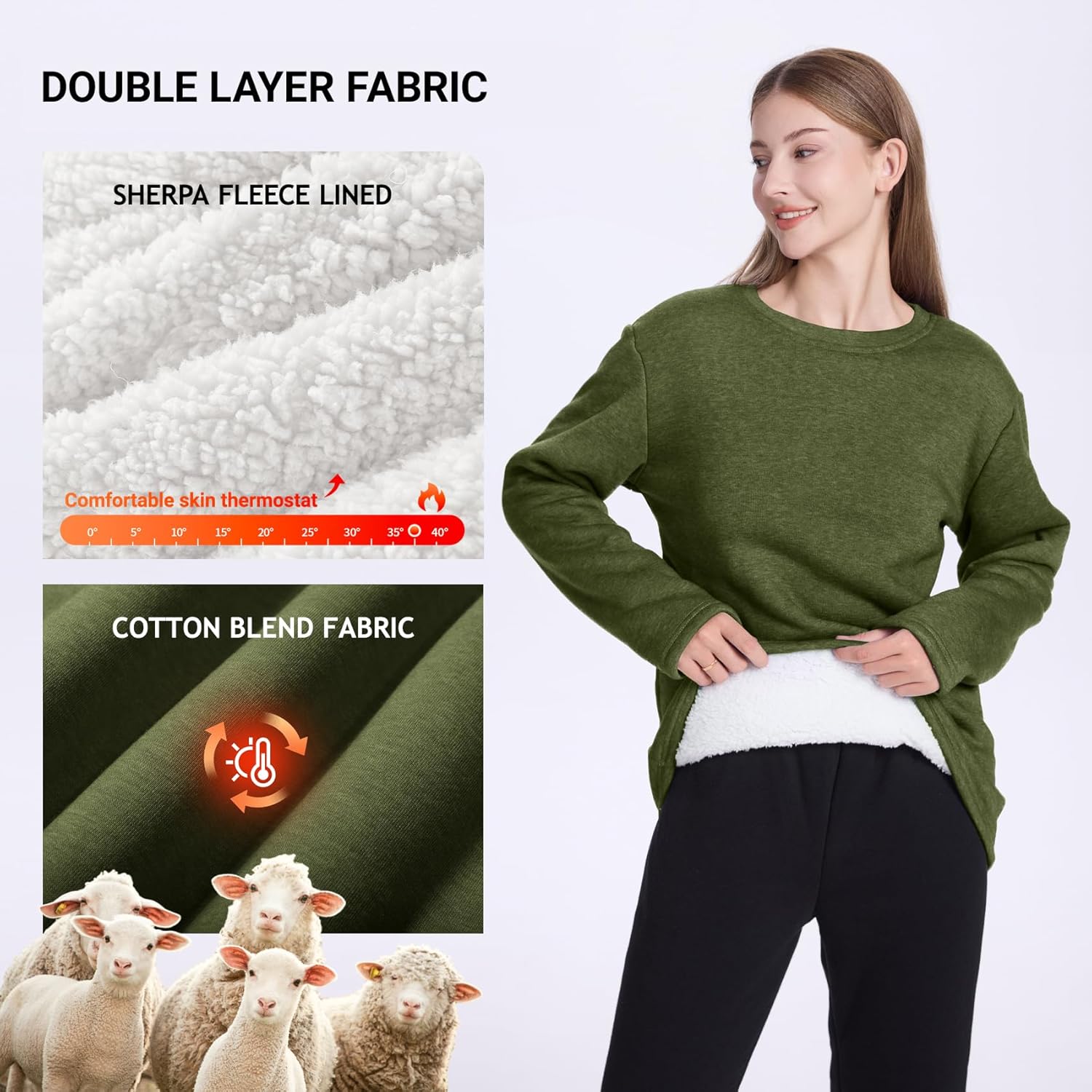 PEHMEA Women's Warm Sherpa Lined Fleece Pullover Winter Crewneck Sweatshirt Loungewear Tunic Tops - Image 4