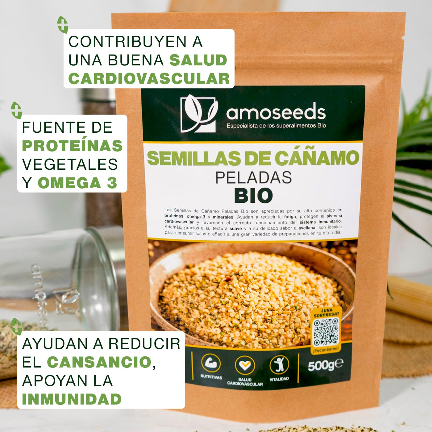 Semillas de Cañamo Peladas Bio 500 g | Origen Europeo | 100% Hemp seeds Naturales, Descascaradas y Crudas | Sin gluten | Primera Calidad
