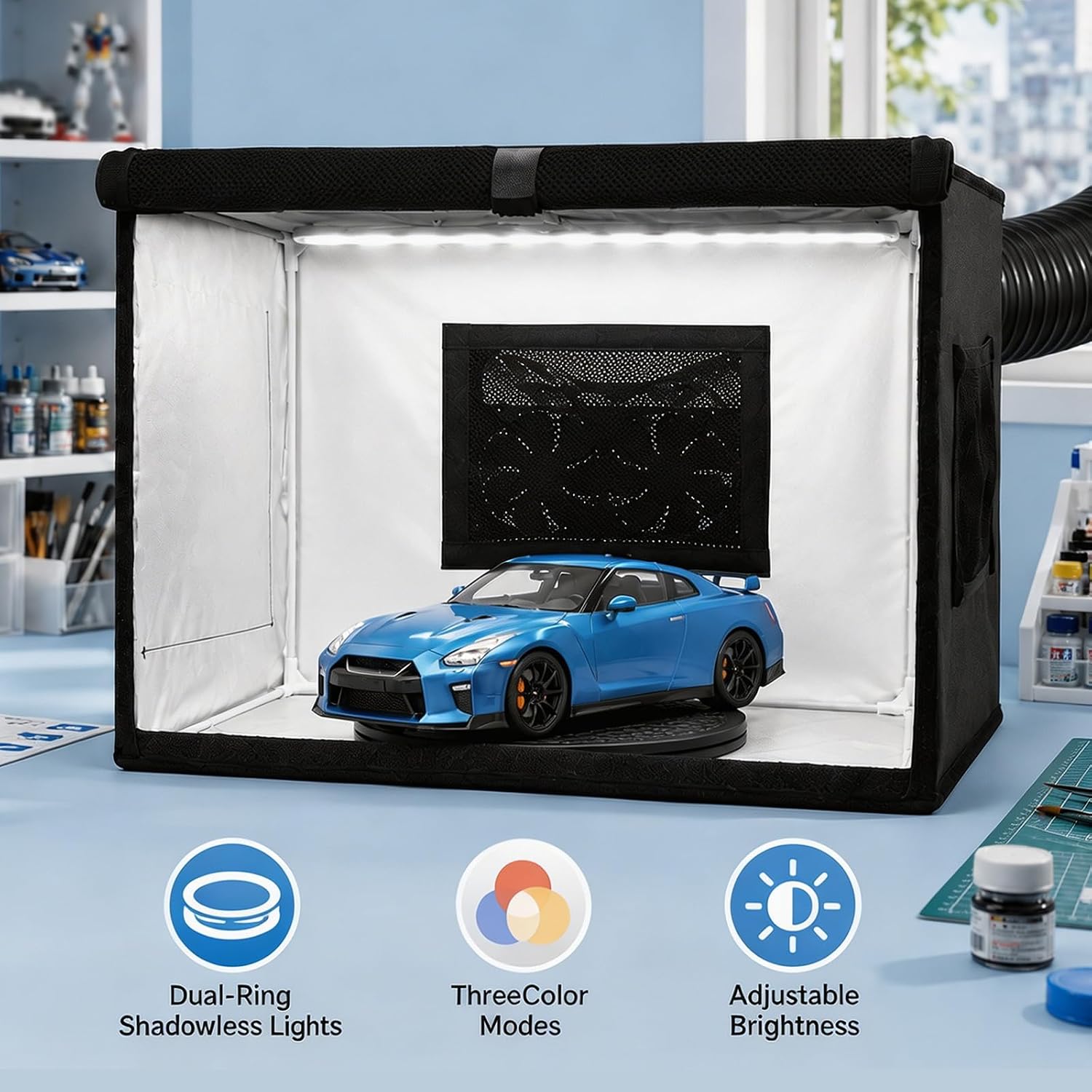 Airbrush Spray Booth with 0.3mm Airbrush Gun, Dual Exhaust Fans, Portable Paint Booth with Adjustable LED Lights & 360°Turntable, Hobby Spray Booth Kit for Model Painting, Miniatures, Crafts