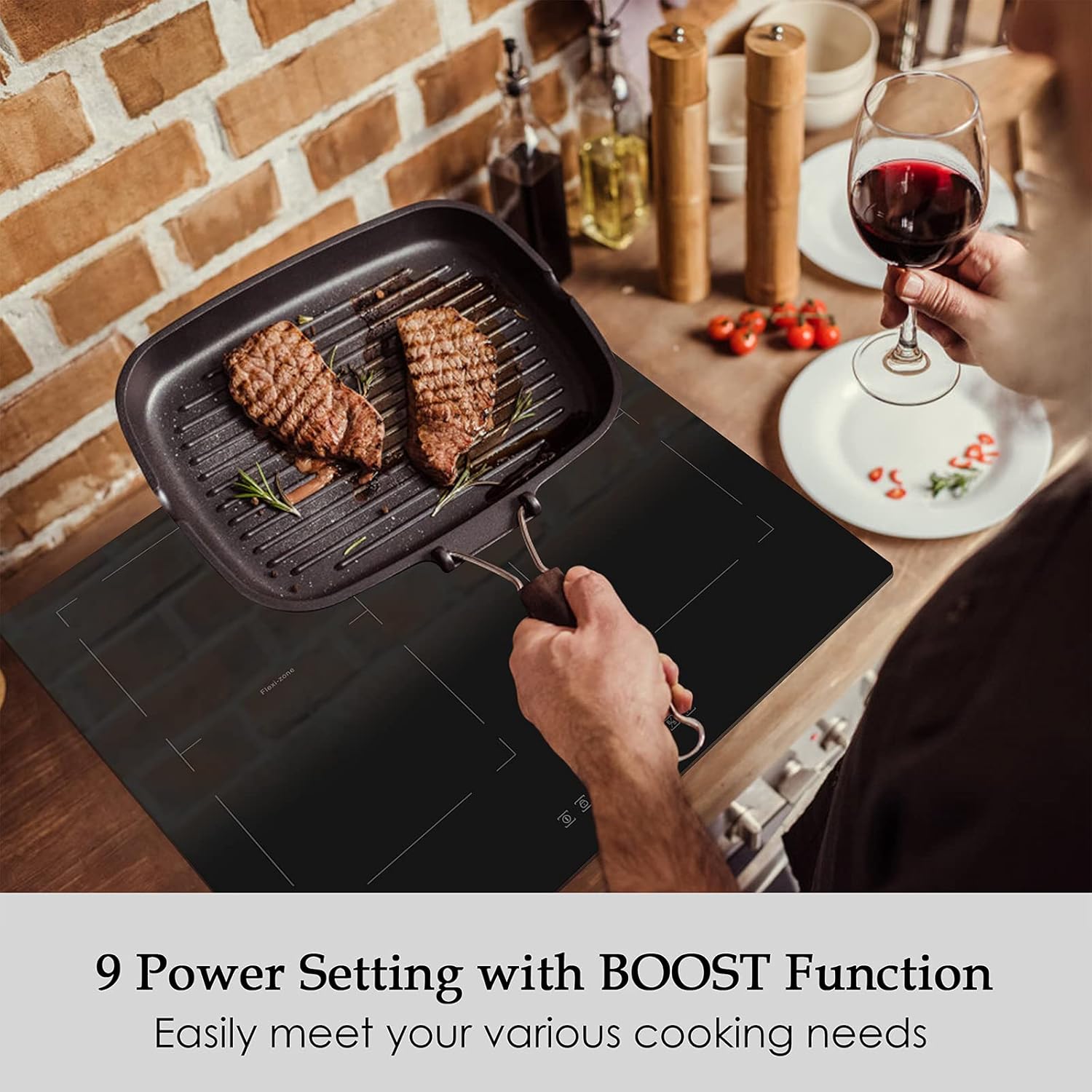 Piano cottura a induzione 4 fuochi, Piano cottura induzione 60cm, con flex zone per barbecue, protezione da spegnimento automatico, Controllo tattile, Blocco di sicurezza per bambini,Timer,7200W Nero