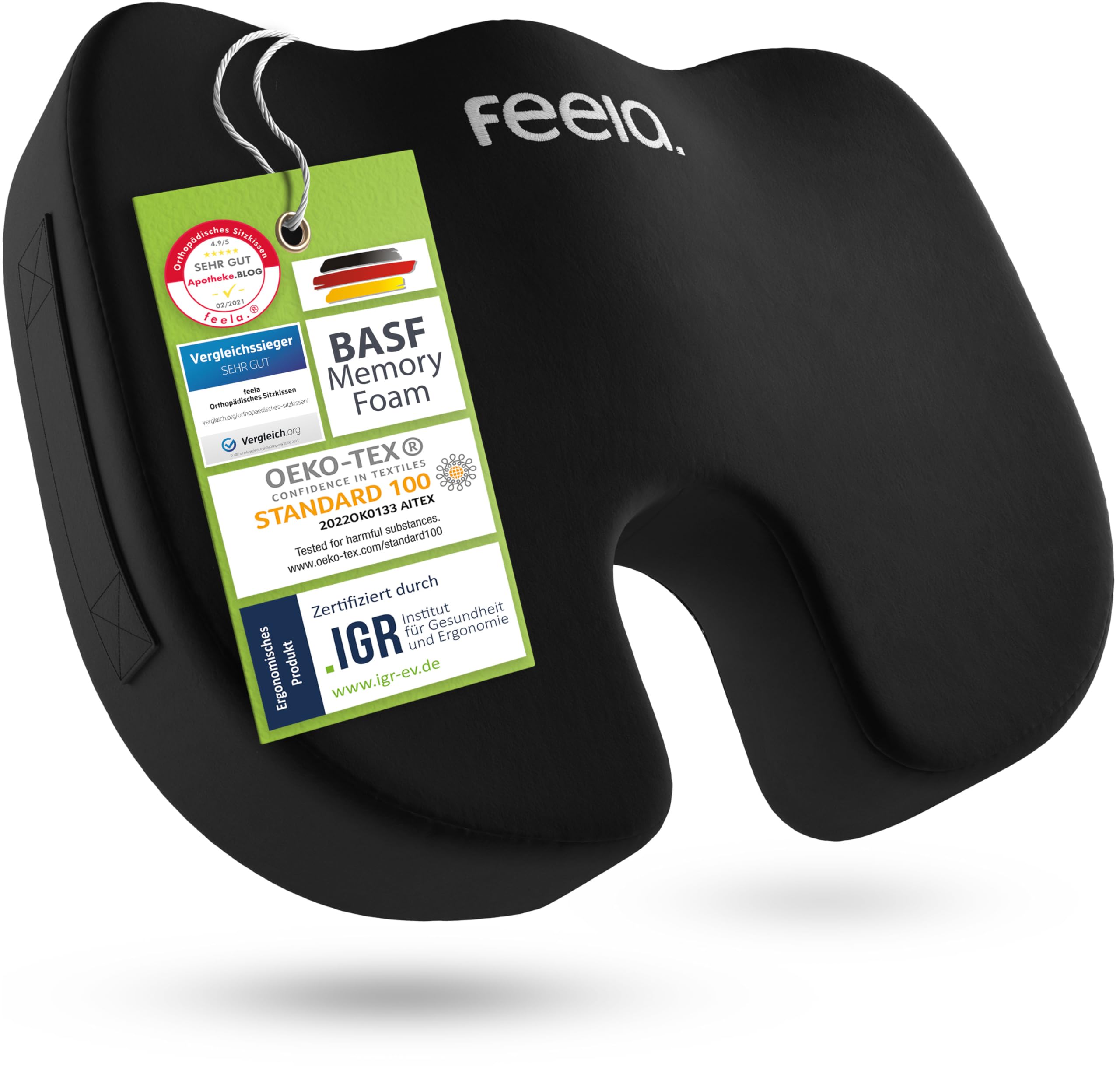 feela.® Cojín de Asiento ortopédico [3 Grados de dureza] - Cojín de Asiento ergonómico para Silla de Oficina - Aumenta la Comodidad al Sentarse, favorece la circulación y Alivia el coxis (Medio) OEKO-TEX STANDARD 100