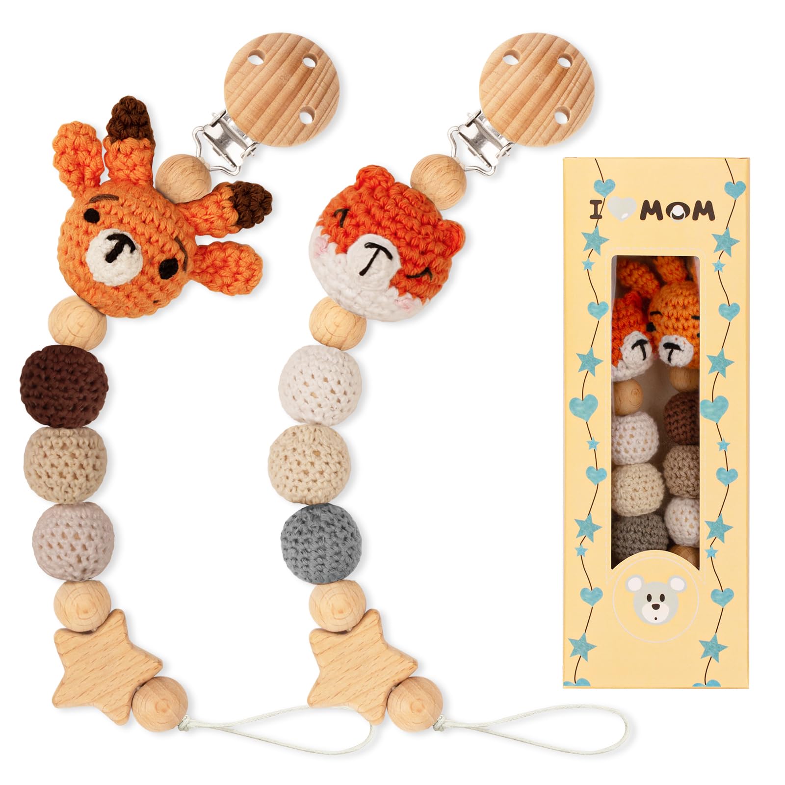 VVAYHUA 2 Pcs Pacifier Clip, Pacifier Holder Clips for Baby Boys & Girls Universal Holder Leash for Pacifiers/Teethers, Cute Knitted Animals for Baby Christmas Gift