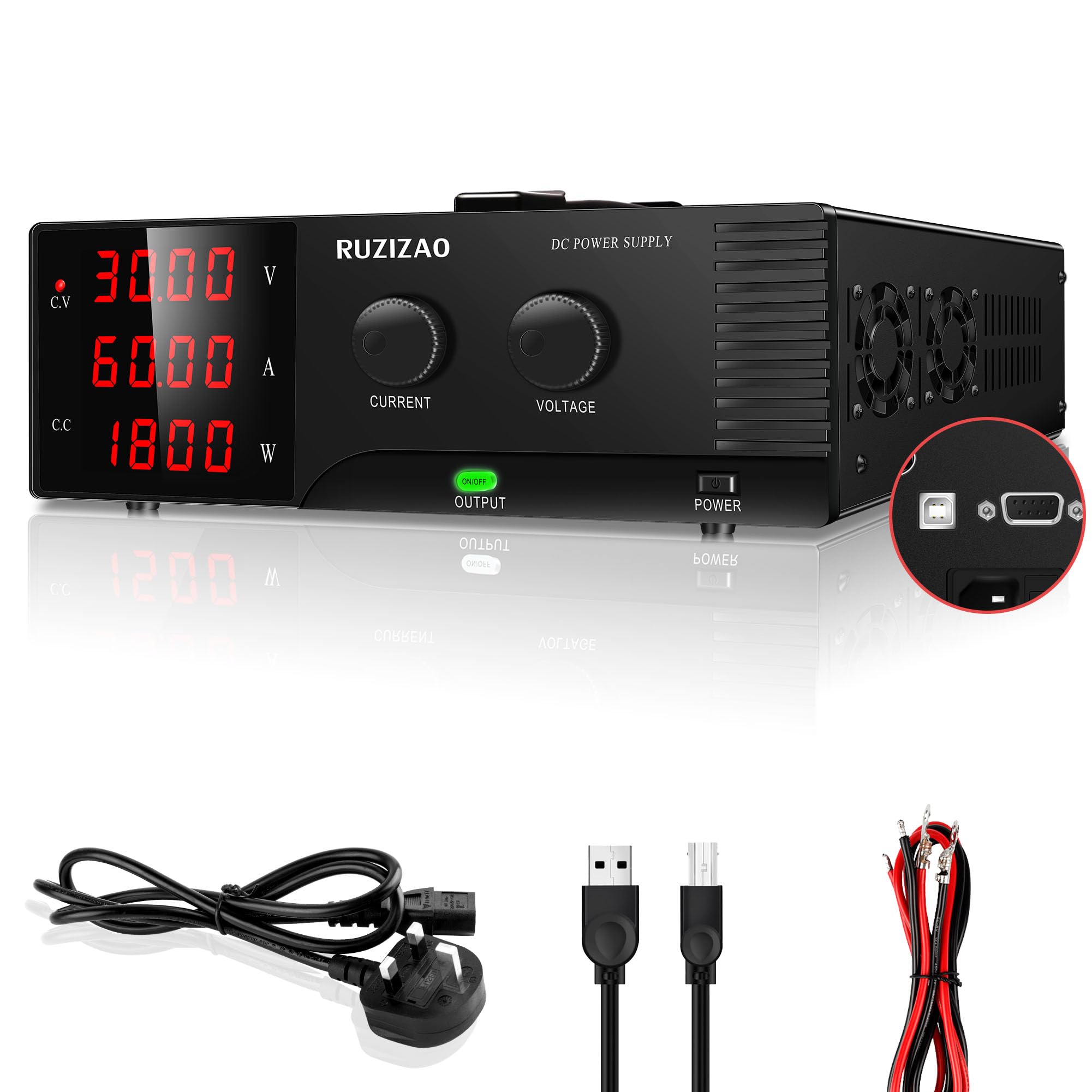 RUZIZAO Bench Power Supply, DC Power Supply Variable 30V 60A 1800W, High Power Benchtop Lab Power Supplier with Encoderknob, Adjustable Switching Regulated