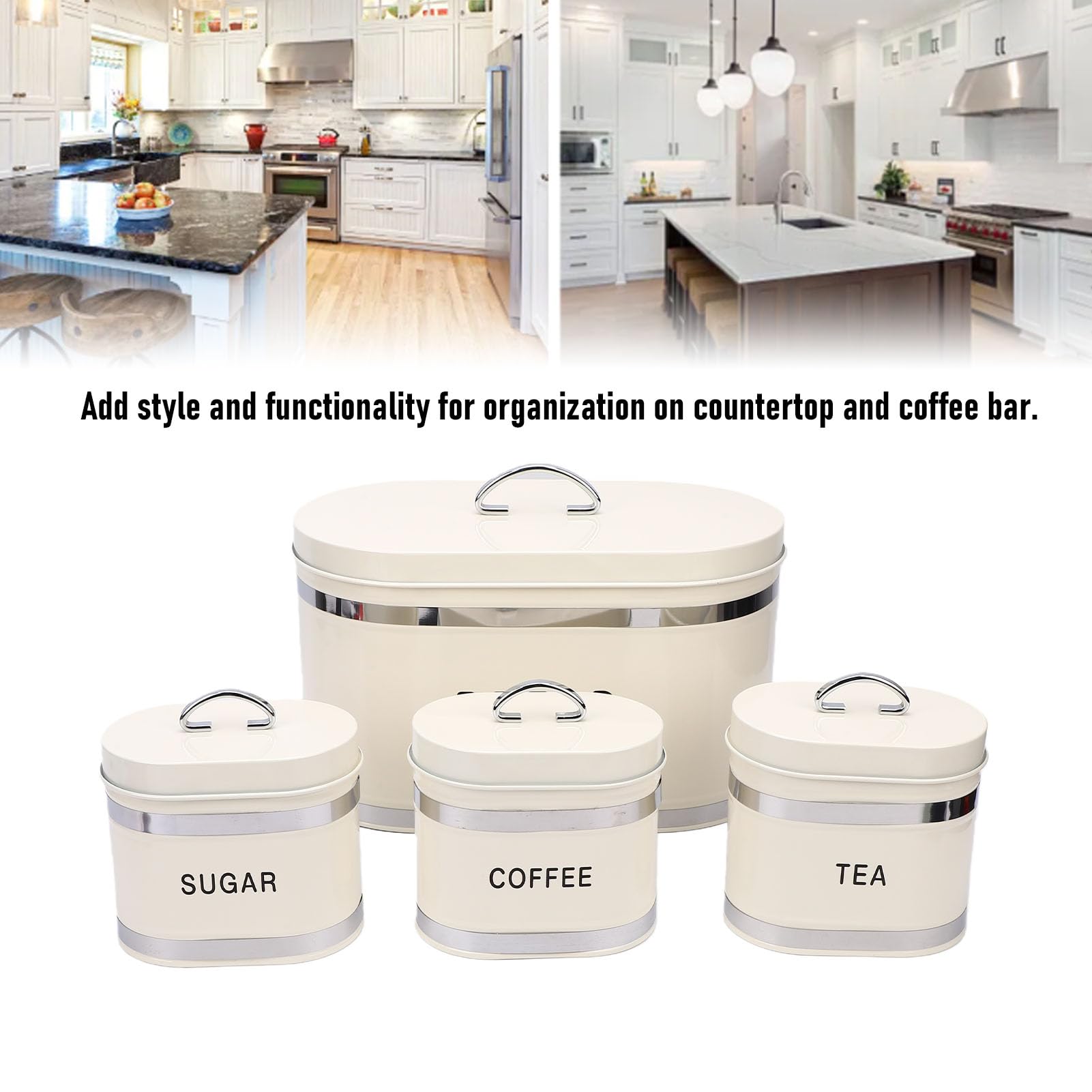 Fockety Küchenkanister für die Arbeitsplatte, Set mit 4 Luftdichten Mehl- und Zuckerbehältern mit Deckel, Bauernhaus-Lebensmittelaufbewahrungsbehälter für Mehl, Zucker, Kaffee, Tee (WHITE)