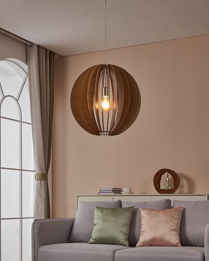 Eglo EGLO Cossano Hanglamp, 1-lichts, vintage-moderne hanglamp van mat vernikkeld staal en esdoornhout, voor eettafel en woonkamer, E27-fitting, diameter 50 cm photo 2