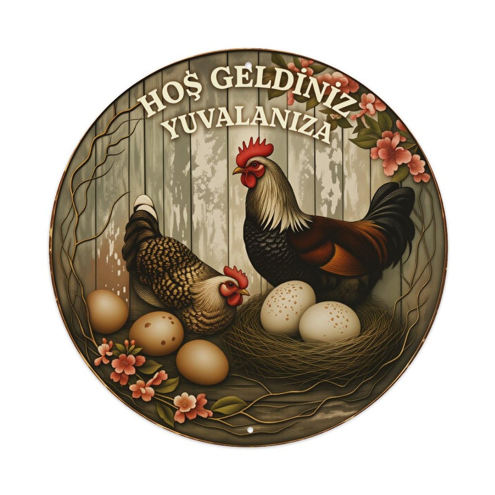 Lzwbntey Vintage Chicken Nest Eggs Flowers Wood Metal Tin Sign Retro Wall Decor For Home Bar Garage Cafe, Indoor & Outdoor Decorative，Circle Metal Poster, 8X8 Inch