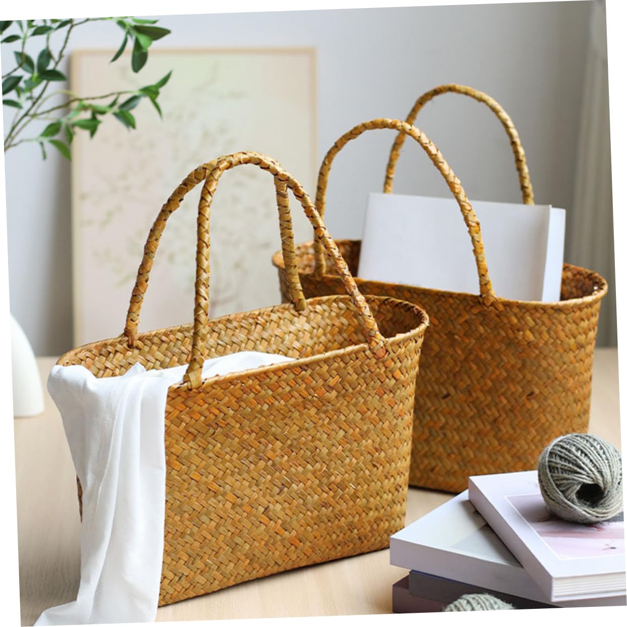 KOMBIUDA Hand-woven Tote Bag Woven Basket for Decorative Storage Large Handle Picnic Basket for Home