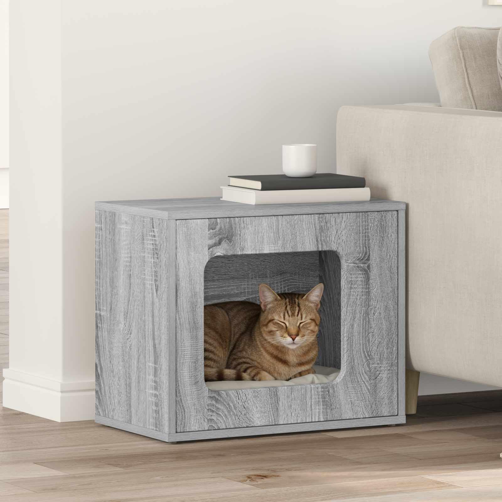 Katzenhaus Katzenhöhle Katzenmöbel für drinnen, stabile Katzenbox Indoor aus Holzwerkstoff, modernes Haustierhaus fürs Wohnzimmer, Sonoma-Grau, 51 x 30 x 42,5 cm