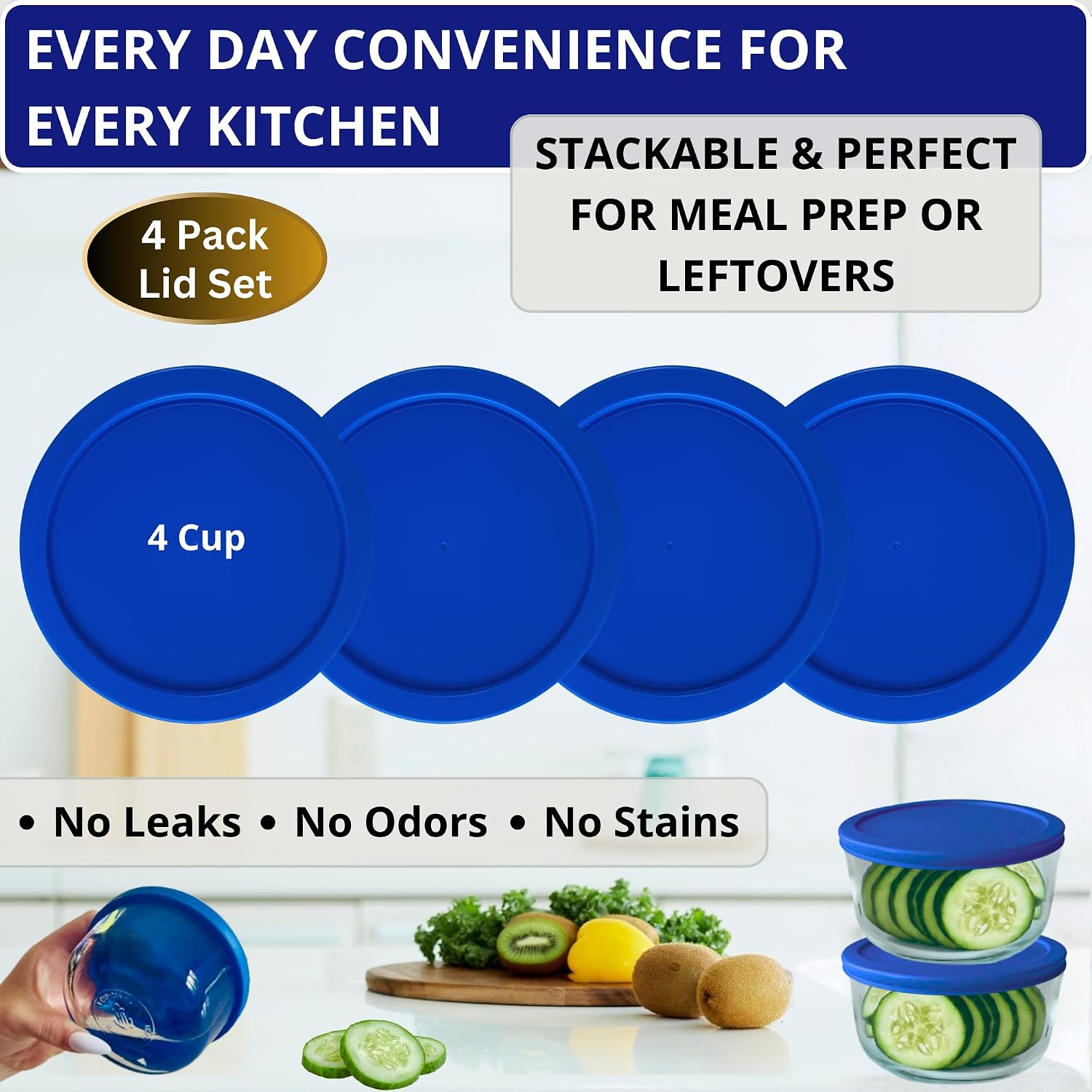 Klare Ware 4 Cup Replacement Lids/Covers for Pyrex 7201, Anchor Hocking & Klare Ware Storage Bowls (Glass Container Not Included) Microwave, Freezer & Top Rack Dishwasher Safe (4 Pack, Blue)