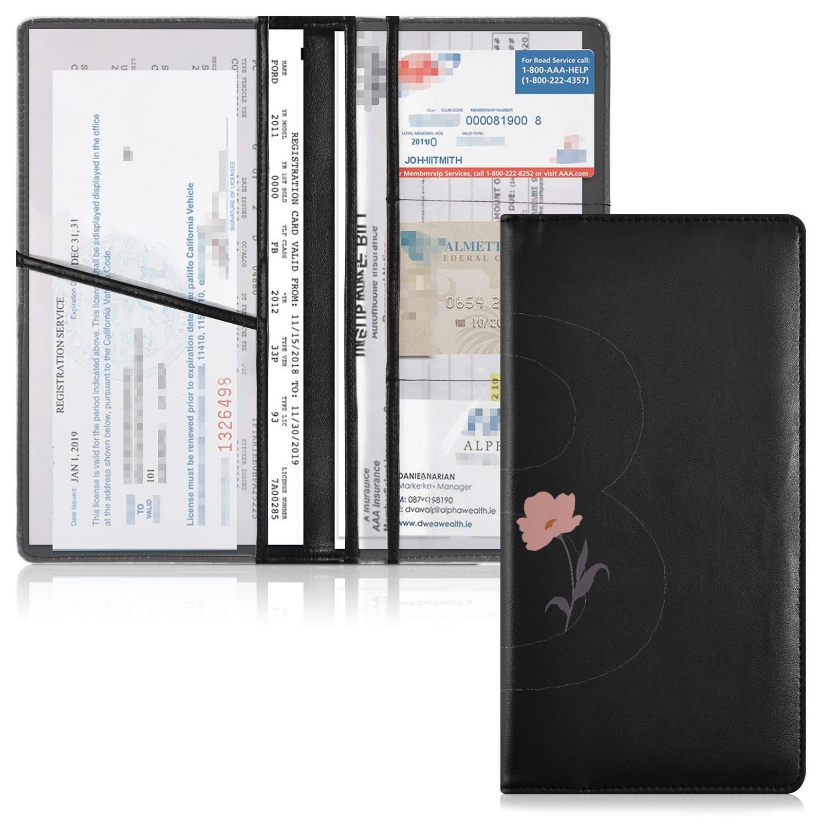 GuoChe Premium Leather Registration and Insurance Card Holder Men Women Document Wallet for ID, Driver's License, Key Contact Information Cards B