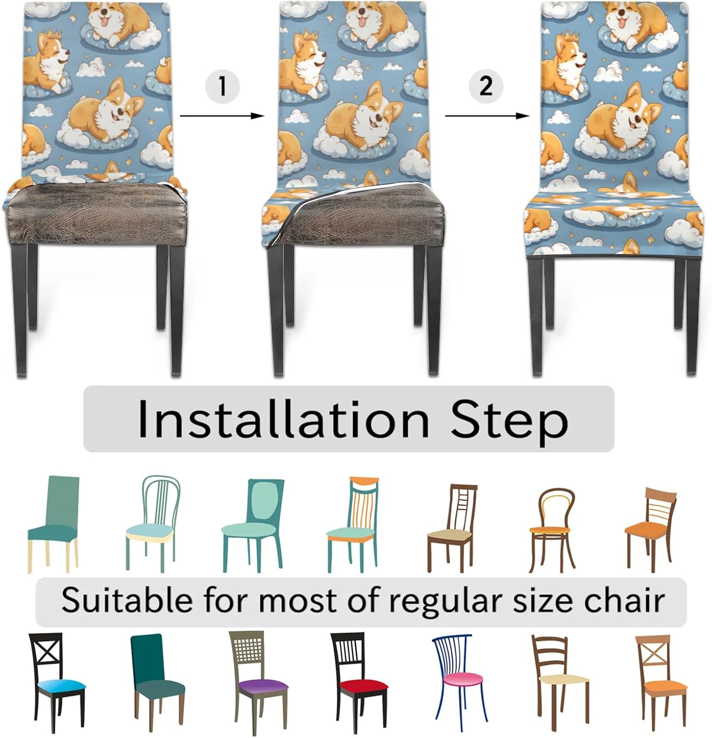 QsirBC Cute Dogs Sleeping Stretch Dining Room Chair Covers Set of 6 Chair Slipcovers Removable Washable Kitchen Seat Covers Chair Protectors for Hotel Party Wedding