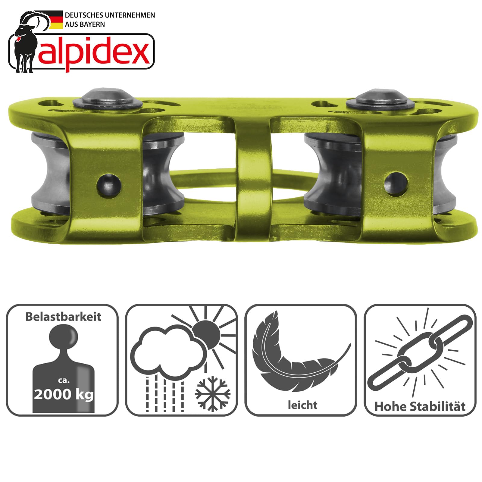ALPIDEX Tandemrolle Seilrolle 20 kN | Umlenkrolle | Tandem Pulley | Norm EN12278 | Kugellager | Doppelte Rollen | Stahlseile bis 12 mm Ø | Textilseile bis 13 mm Ø | Doppelseilrolle - Farbe: Lime