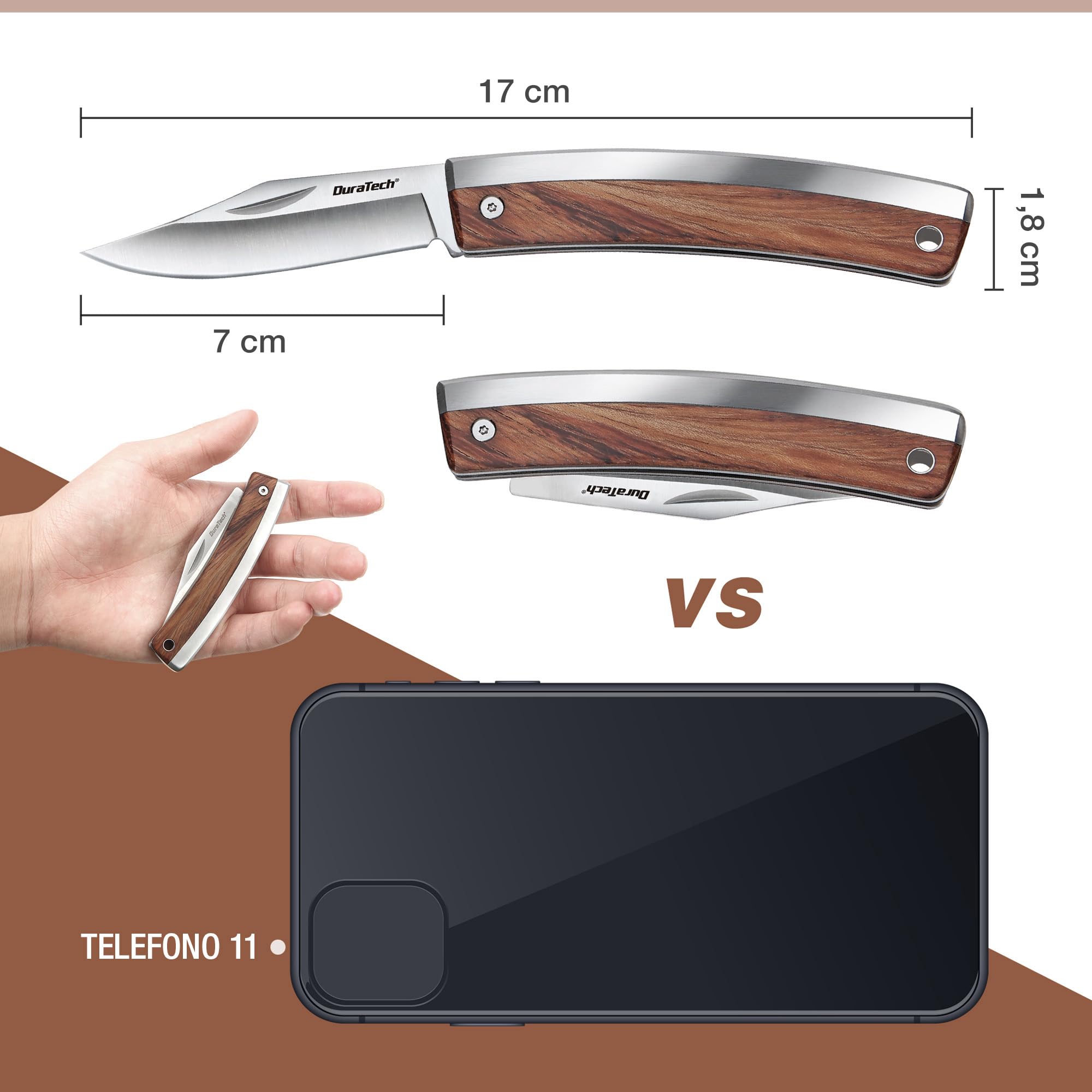 DURATECH Coltellino Tascabile con Manico in Legno, Leggero e Compatto, Ideale per la Pesca, l'Escursionismo, il Campeggio o il Coltello da Frutta per Uso Domestico
