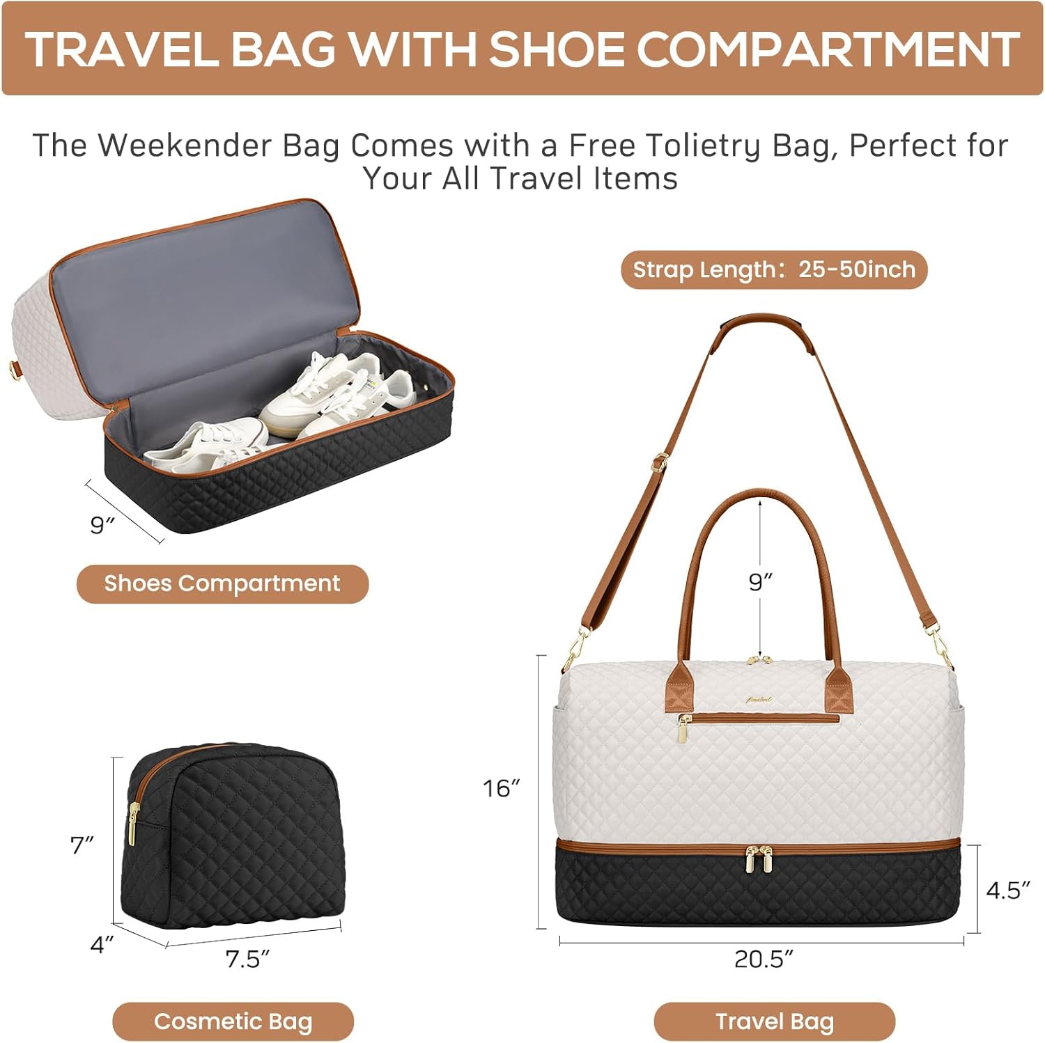 Travel Weekender Duffle Bags for Women - Duffel Bag with Shoe Compartment Carry On Overnight Bag with Toiletry Bag with Wet Pocket for Gym Hospital Bags for Labor and Delivery Black White Brown - Image 3