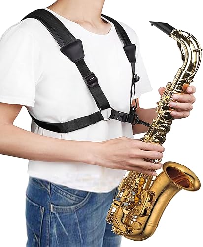 Arnés para saxofón, correa de saxofón, sin estrés en el cuello, hombro suave acolchado para clarinete barítono alto tenor, tamaño grande, Negro -