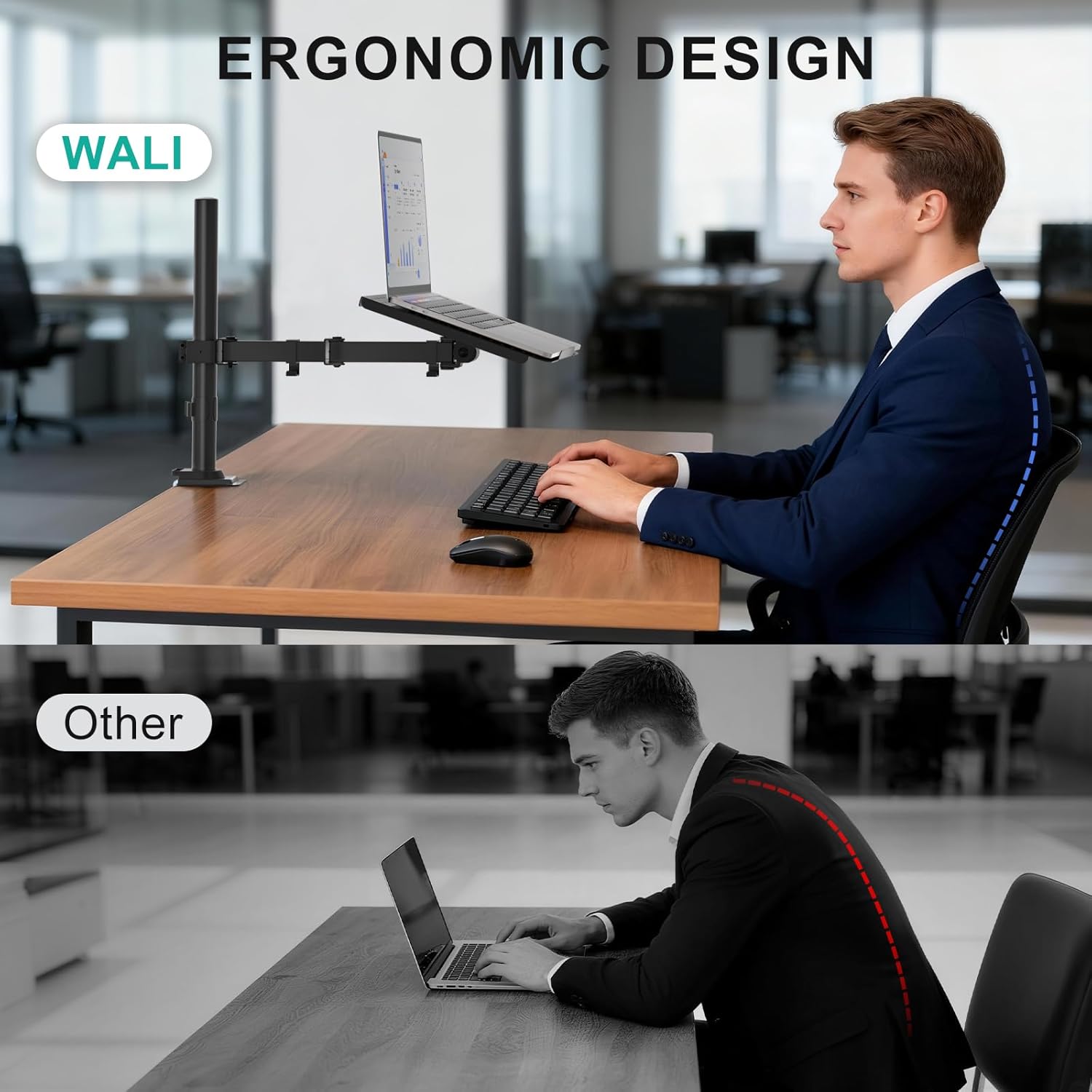 WALI Laptop Tray Desk Mount for 17inch Notebook, Fully Adjustable Laptop Arm up to 22lbs, Monitor Mount with Vented Cooling Platform Stand (M00LP), Black - Image 6