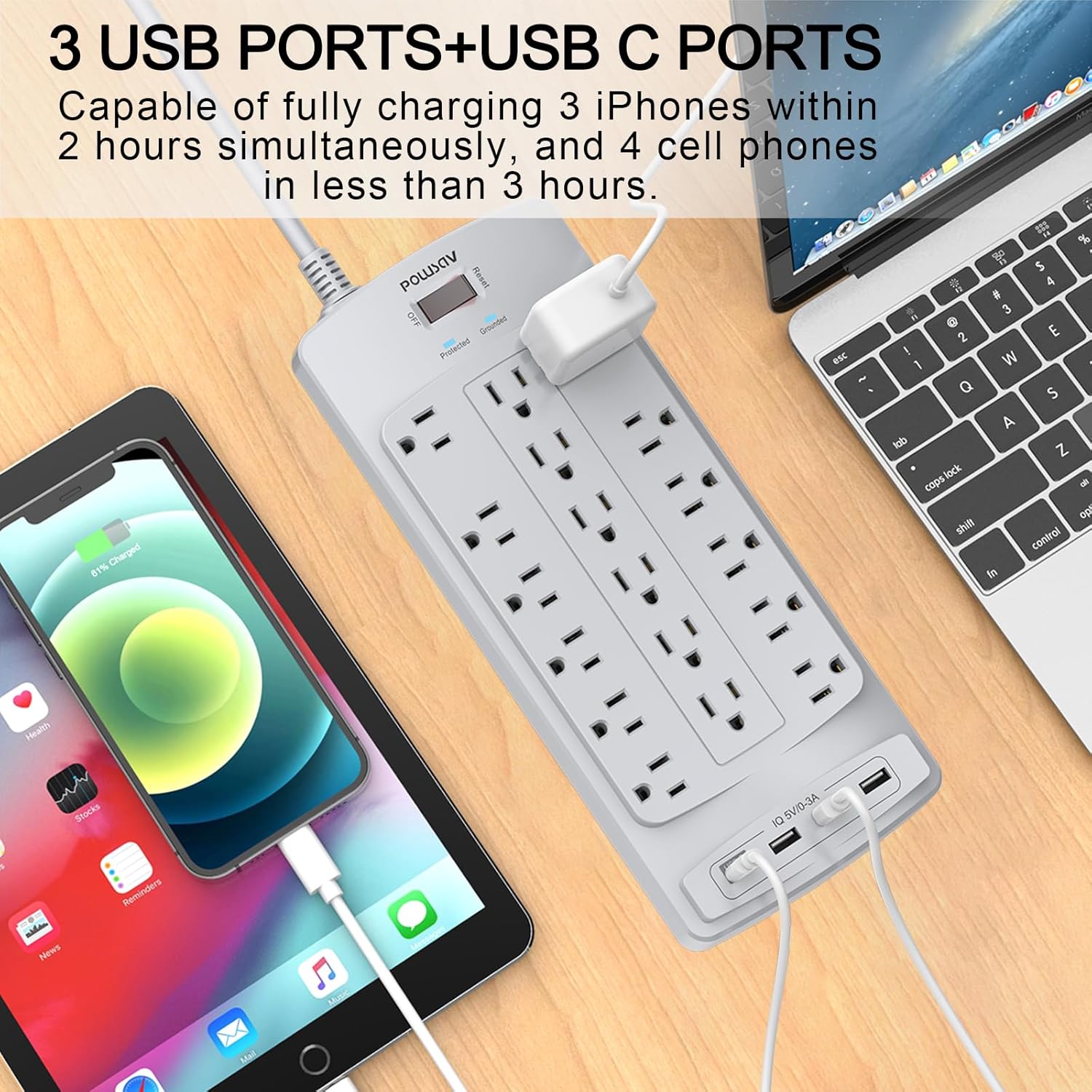 18 Outlets Surge Protector Power Strip - 10 Feet Flat Plug Heavy Duty Extension Cord with 18 Widely Outlets and 4 USB Ports, 2100 Joules, Grey, ETL Listed