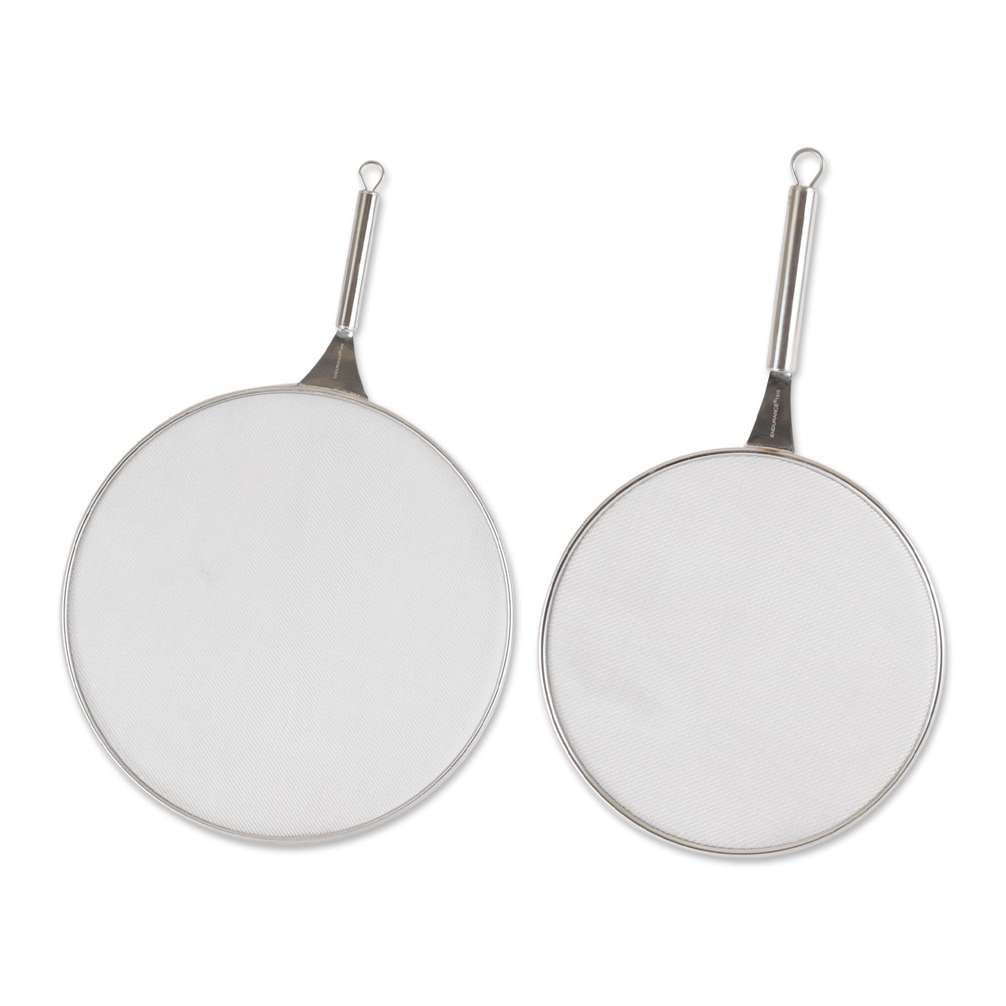 RSVP International Endurance Splatter Screens, 15" & 10" - Fine Mesh Stainless Steel, 6.25" Handle |Keeps its Shape & Construction Over Time | Dishwasher Safe