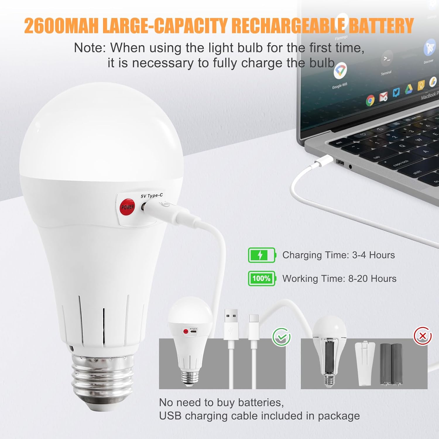 Vitnucrol 2 Pack Rechargeable Light Bulbs with Remote, E26 Wireless Battery Operated Light Bulb for Lamps, 2600mAh 3 Colors Dimmable Emergency LED Light Bulbs, 7W, 300LM