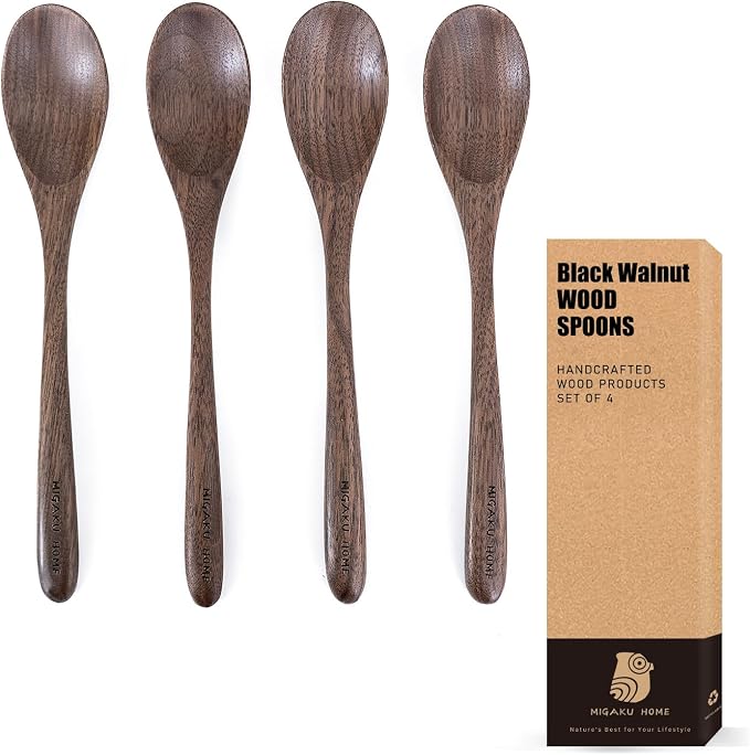 Black Walnut Wood Coffee Spoons, 4 Pcs Spoons for Espresso, Tea, Long Spoon for Stirring, Premium Wooden Spoons Set