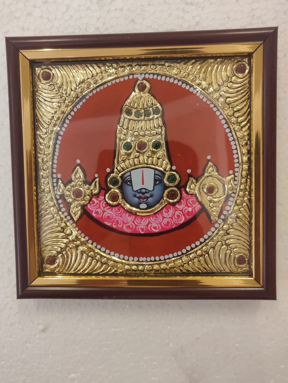 Mangala Arts Perumal Face Tanjore Painting, 24 Carat Gold Foil, Authentic Jaipur Gems, Hindu Religious God Photo, Tanjore Paintings for Pooja, Living Room, Bedroom, 7x7 Inches (with Frame)