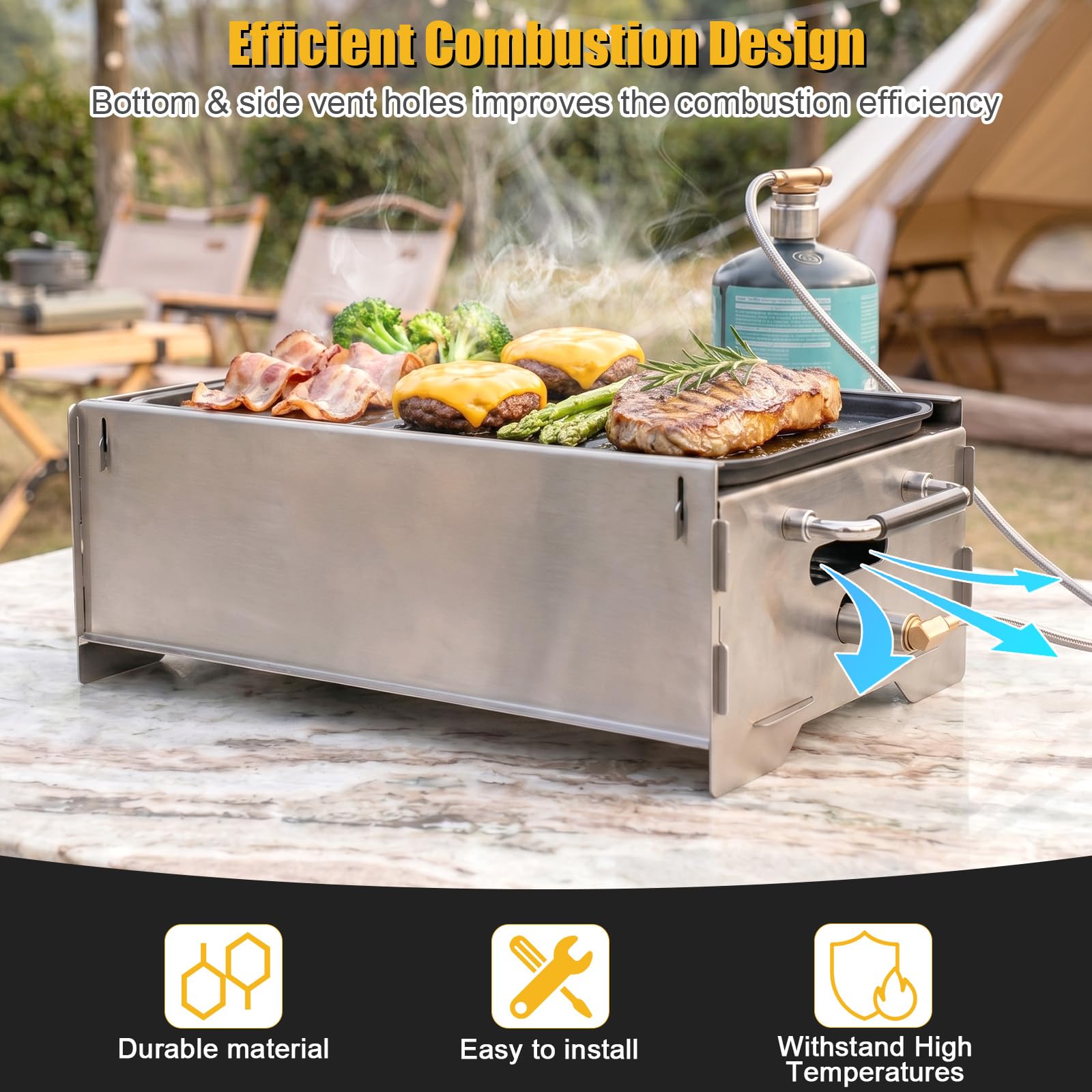 GFTIME Barbecue a gas portatile, da campeggio, funzionamento a gas e carbone, con piastra in ghisa, borsa per il trasporto, piccolo grill, perfetto per campeggio, giardino, balcone, esterno, griglia