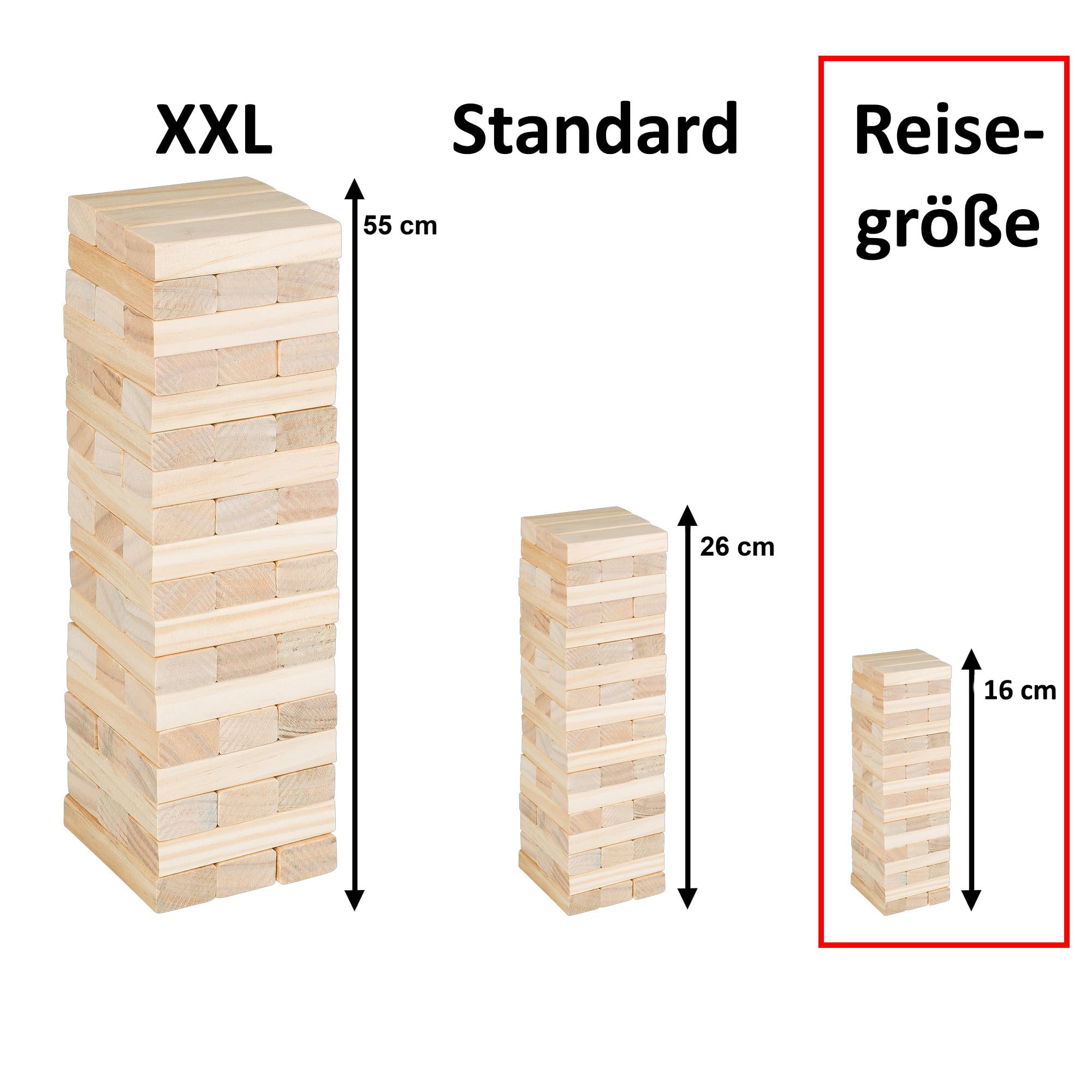 Idena 40088-Juego de Viaje Wackelturm Juego de Habilidad 54 Bloques de construcción y Bolsa de Almacenamiento, Aprox. 4.8 x 4.8 x 14.4 cm Torre apilable Grande, Color Madera Berlin 40088