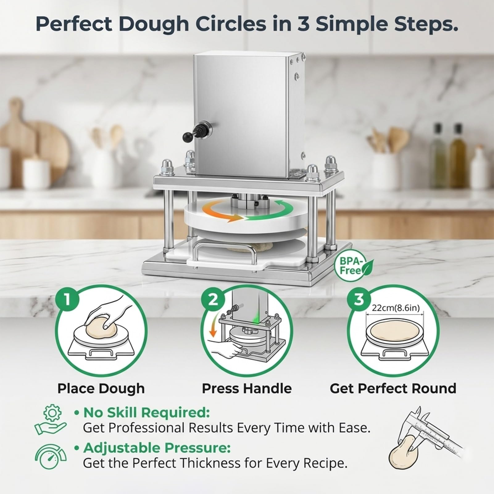 Pressa per Impasto Elettrica-Stendipizza Professionale,Macchina per Stendere Pizza-22cm Acciaio Inox,Sistema Meccanico Rapido da 7kg per Mensa e Hotel,Produzione Focaccine(25cm)