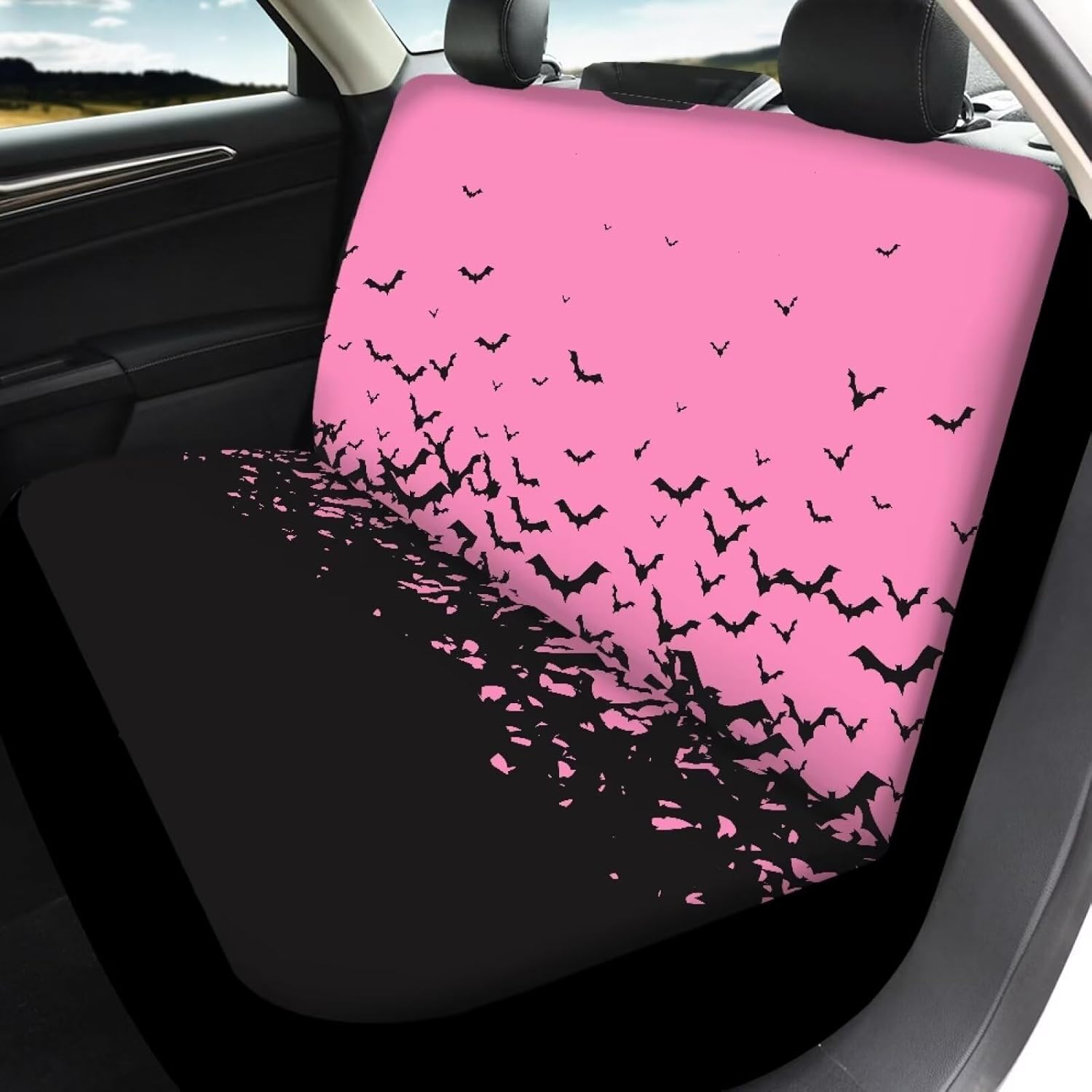 PinUp Angel Black Bat Pink Print Full Car Seat Covers for Front and Rear Seats, Cute Cartoon Skull Patterned Interior Seat Covers for Auto Truck Van SUV for Halloween Party